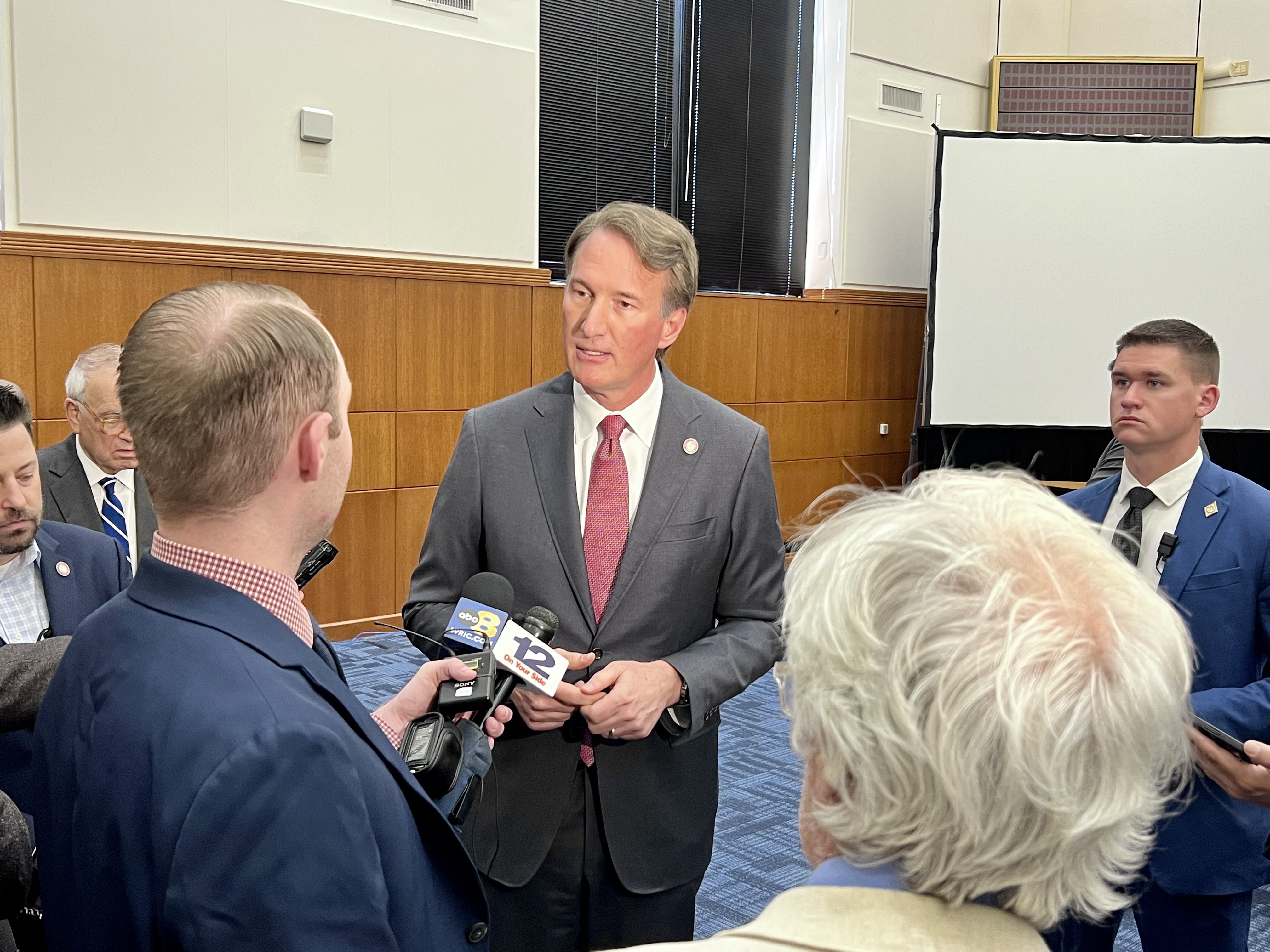 Gov. Glenn Youngkin takes questions Friday from reporters after presenting his final actions on the budget amendment package passed by the General Assembly in February. The governor line-item vetoed 37 of the 172 budget amendments that were sent back to him untouched by the legislative body. Photo by Elizabeth Beyer.