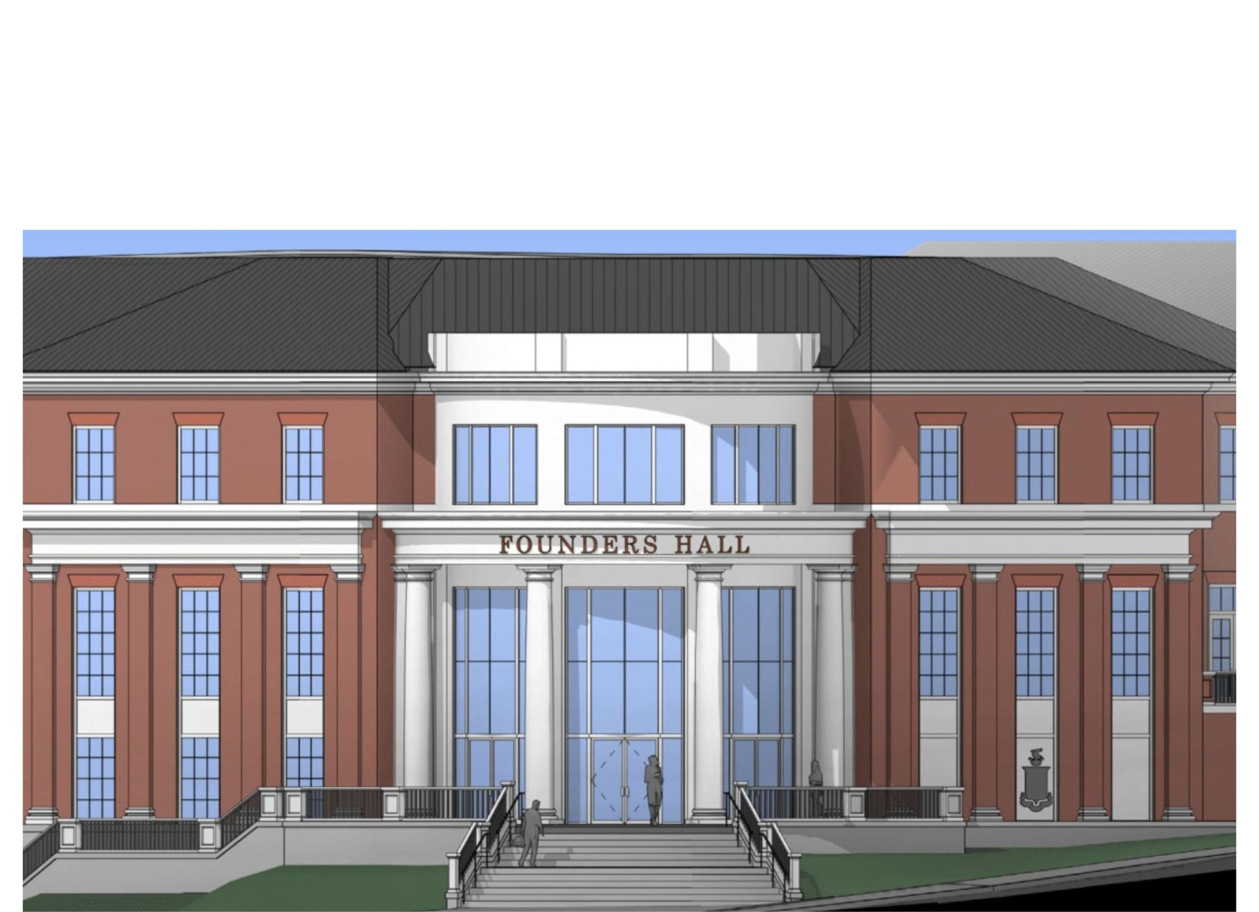 A drawing of a red brick building with white columns on the front.