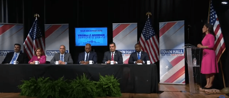 The candidates at the debate. From left: Alexander Bastani, Ghazala Hashmi, Babur Lateef, Aaron Rouse, Victor Salgado, Levar Stoney. Screenshot.