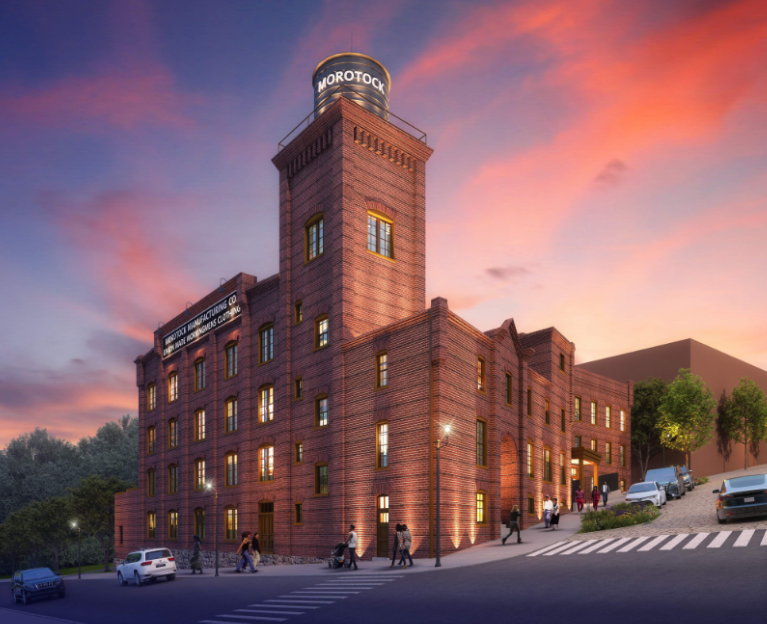 An artist's rendering of a brick apartment building, renovated from a former textile mill