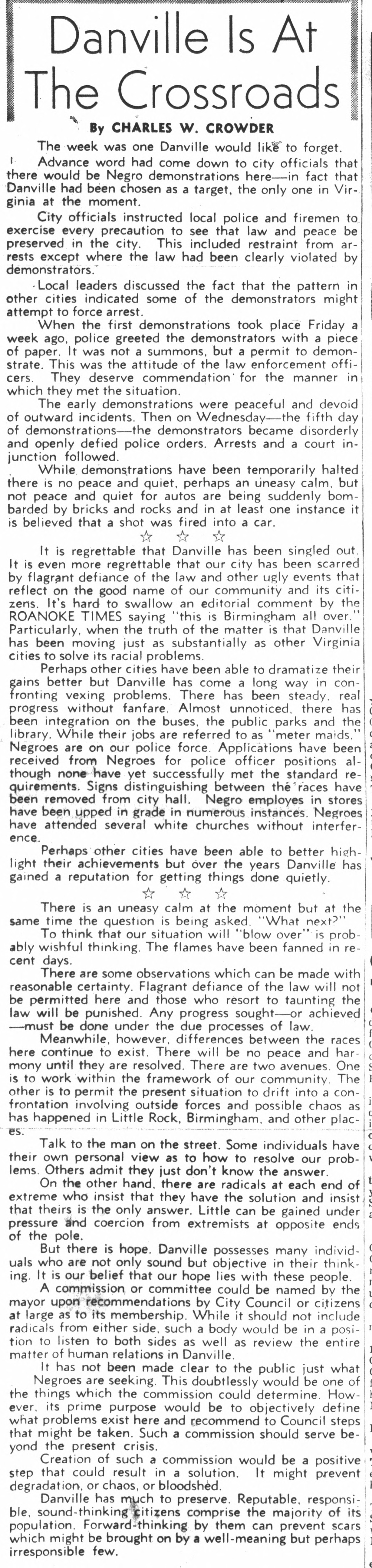 An article from the archives of the Commercial Appeal, a weekly publication in Danville.