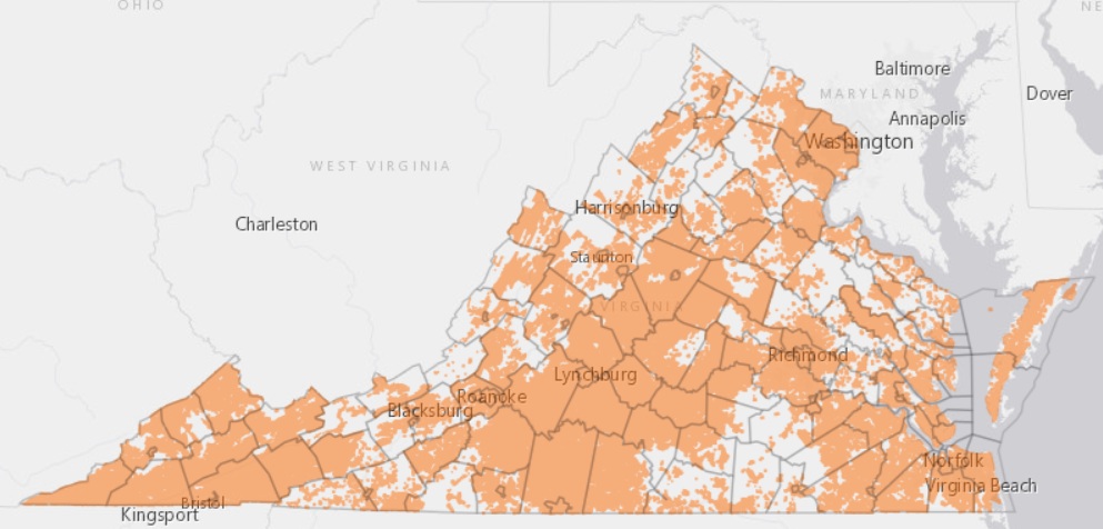 A map of internet connectivity in Virginia shows that 83% of the commonwealth has broadband internet access.