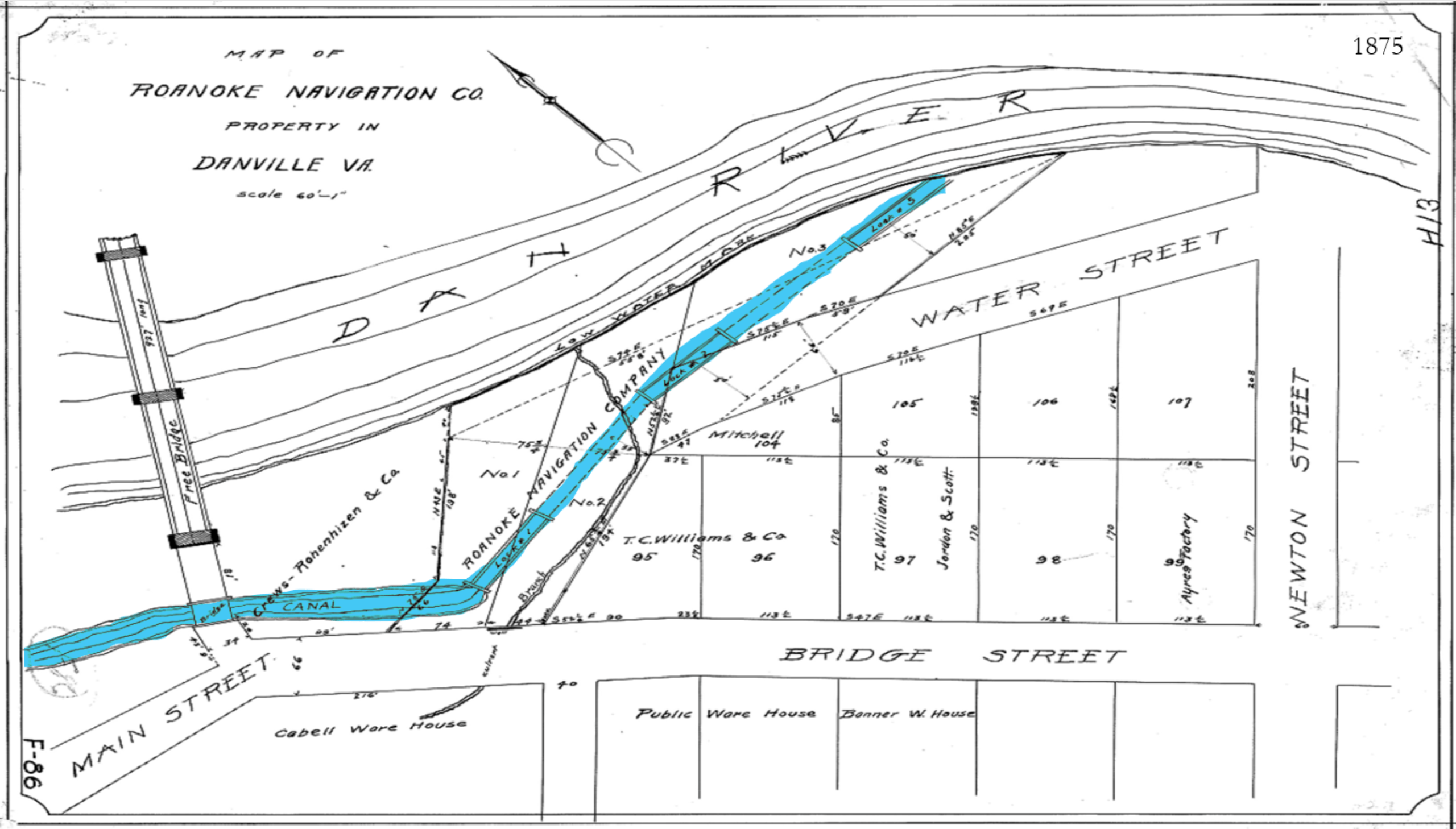 An 1875 drawing of part of downtown Danville, with the canal highlighted in blue