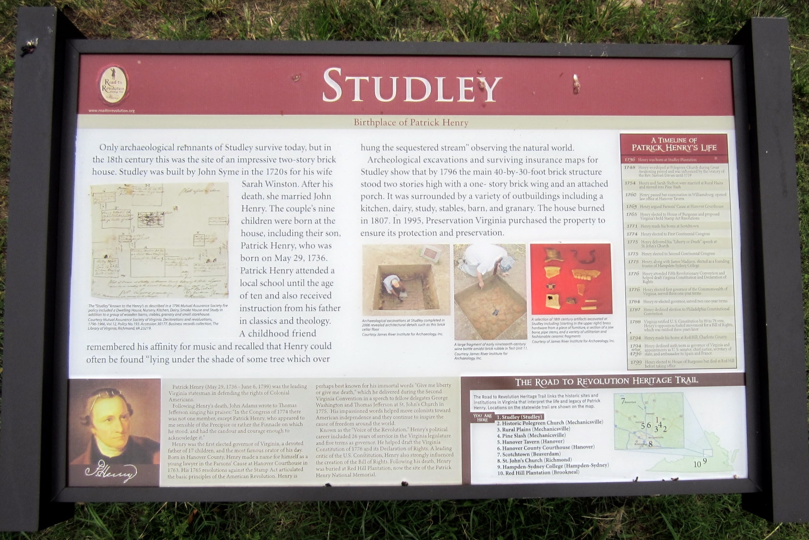 Road to Revolution plaque at the site of Studley, Patrick Henry's birthplace in Hanover County. Courtesy of Bernard Fisher.