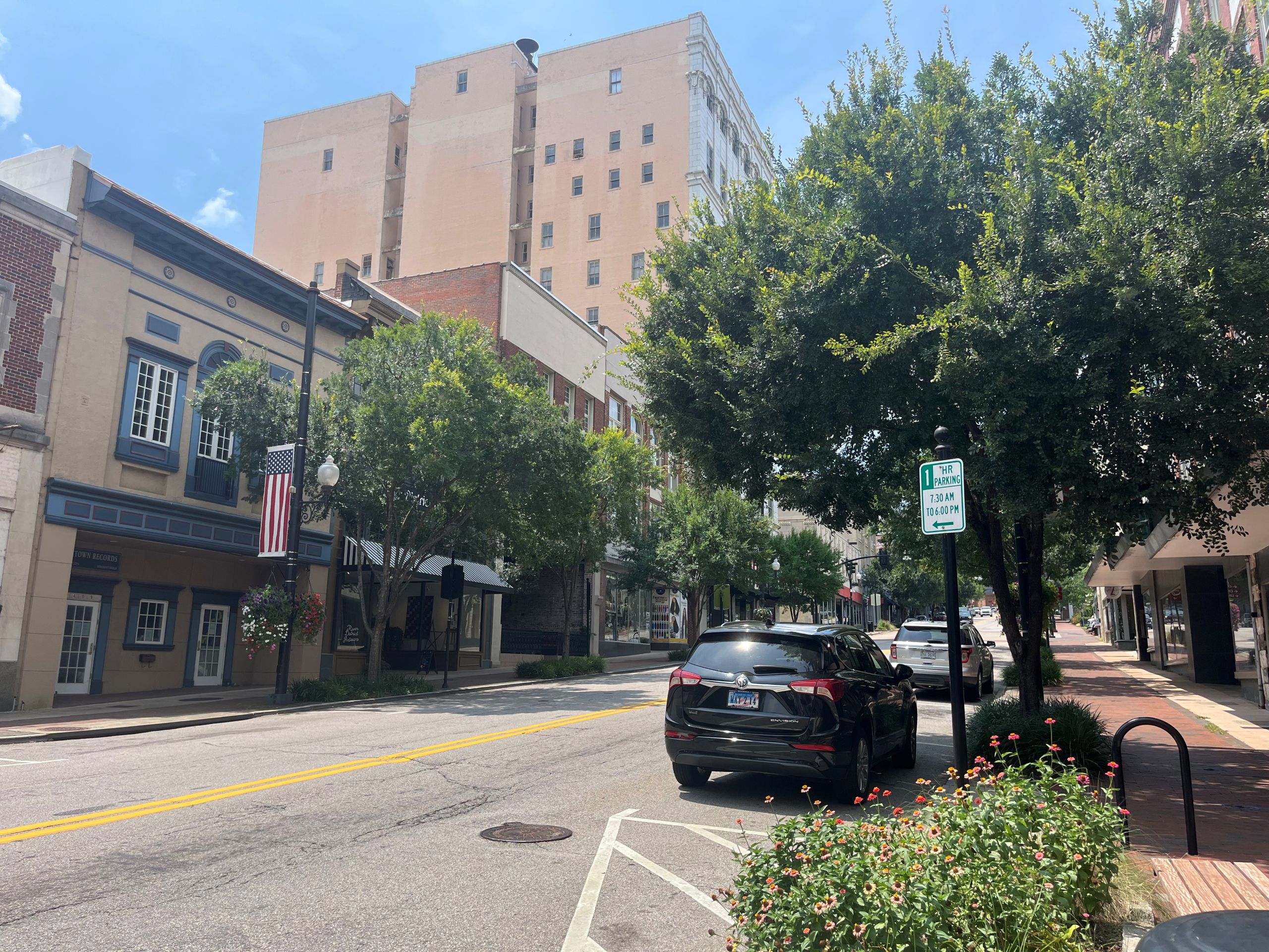 Main Street of Danville's River District, with buildings in the background, and cars and trees along the sidewalk. A sign reading "1 hour parking" stands next to a parked car.