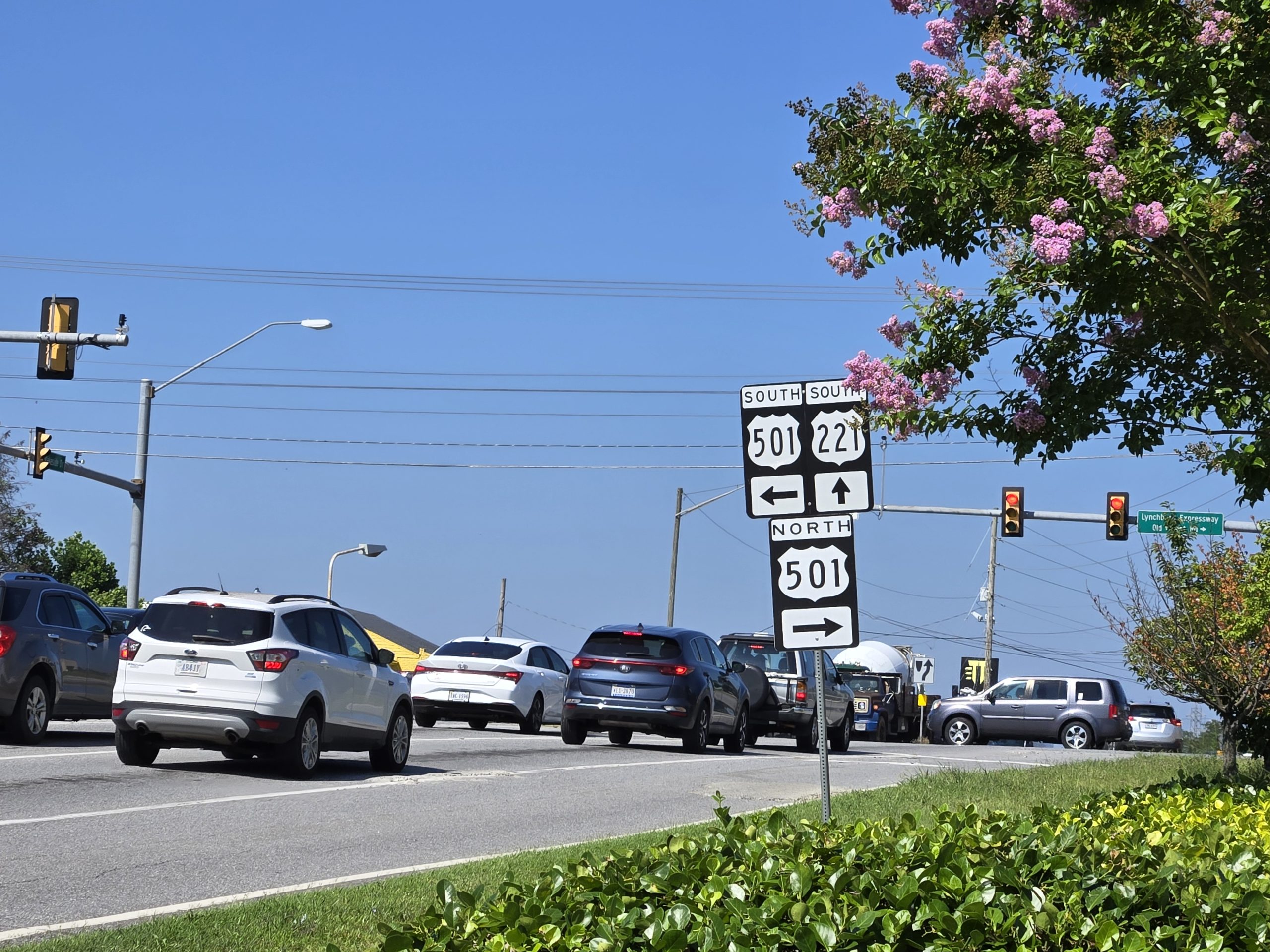 Cars line up behind a red light at the intersection of U.S. 501 and U.S. 221 in Lynchburg.