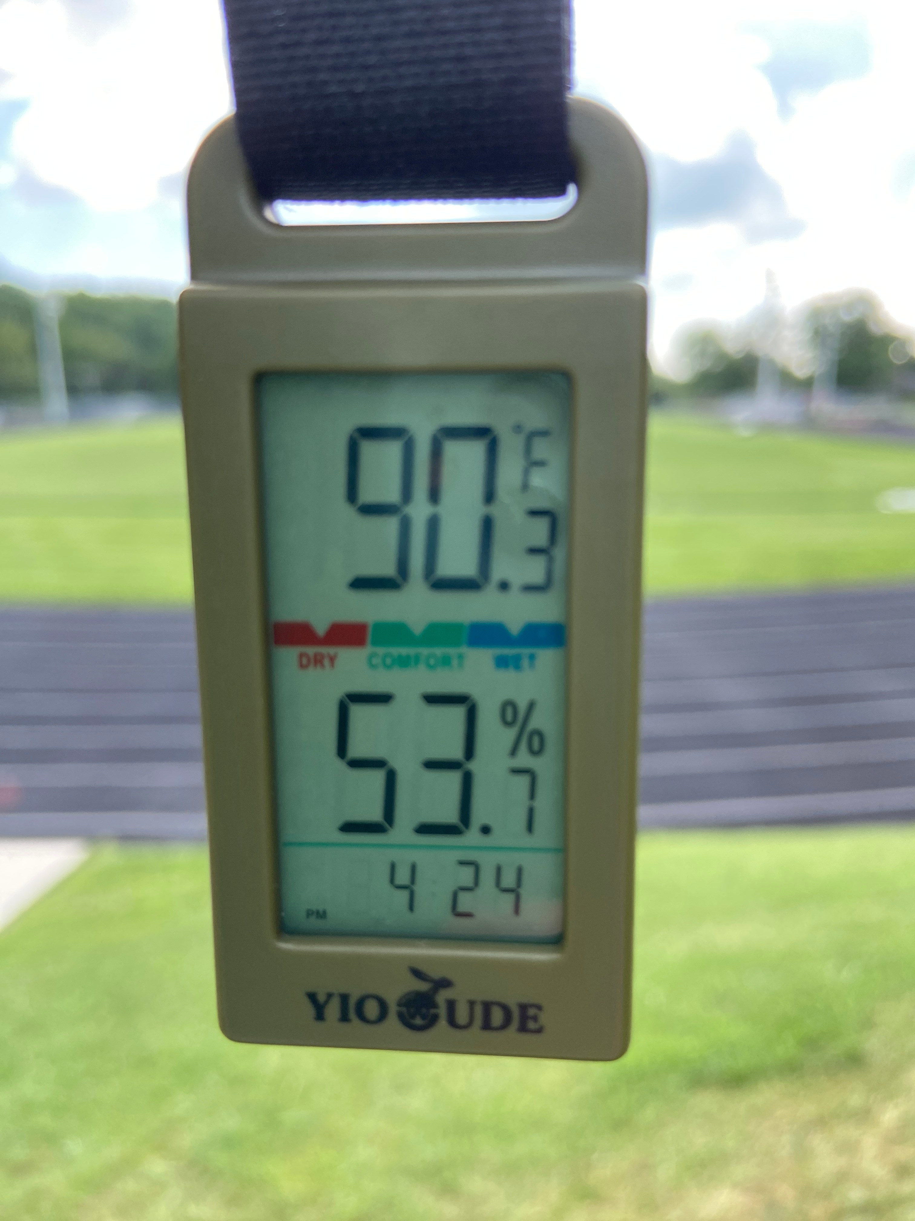 A digital thermometer shows the temperature to be 90 degrees at the track next to Virginia High School in Bristol. According to the Apple weather app, it was 87 degrees at around 4:30 p.m. on Tuesday.