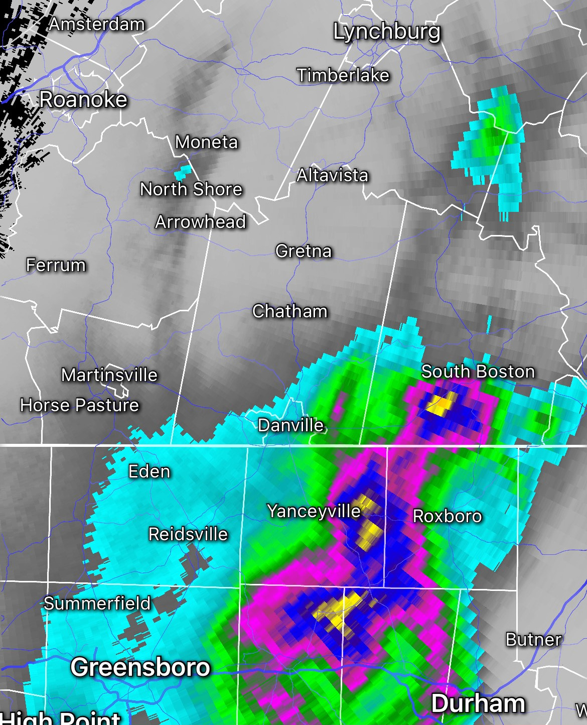 Radar estimates of rain totals Sunday into early Monday show over 5 inches in yellow south of South Boston in Halifax County. National Weather Service Doppler radar via RadarScope.