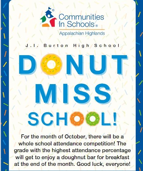 A flyer for a whole-school attendance contest at J. I. Burton High School in October 2024, sponsored by Communities in Schools of Appalachian Highlands. The flyer reads "Donut miss school" and says "For thne month of October, there will be a whole school attendance competition. The grade with the highest attendance percentage will get to enjoy a doughnut bar for breakfast at the end of the month. Good luck, everyone!" The flyer is decorated with colorful sprinkles and doughnuts.