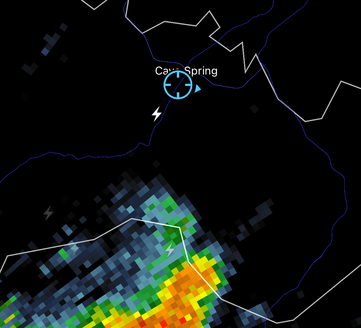 The lightning bolt marked within a mile of the photographer's location (circle with arrow) struck a house several miles outside the parent storm near Cave Spring on Monday evening, July 14. National Weather Service Doppler radar courtesy of RadarScope.