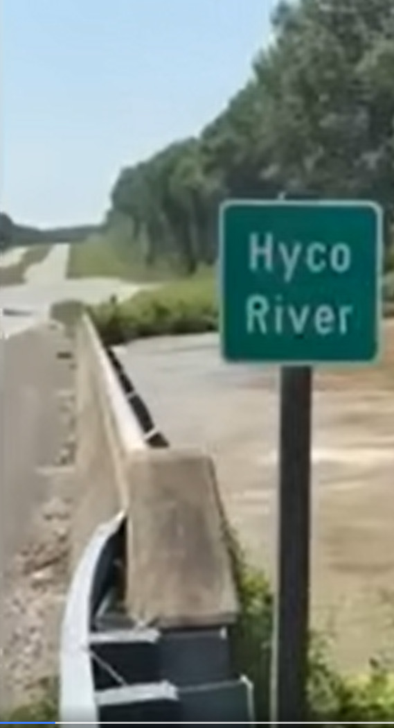 The Hyco River was near bridge level and crossing a low spot on U.S. 501 in the background on Tuesday, July 8. Courtesy of Halifax County Sheriff's Office.