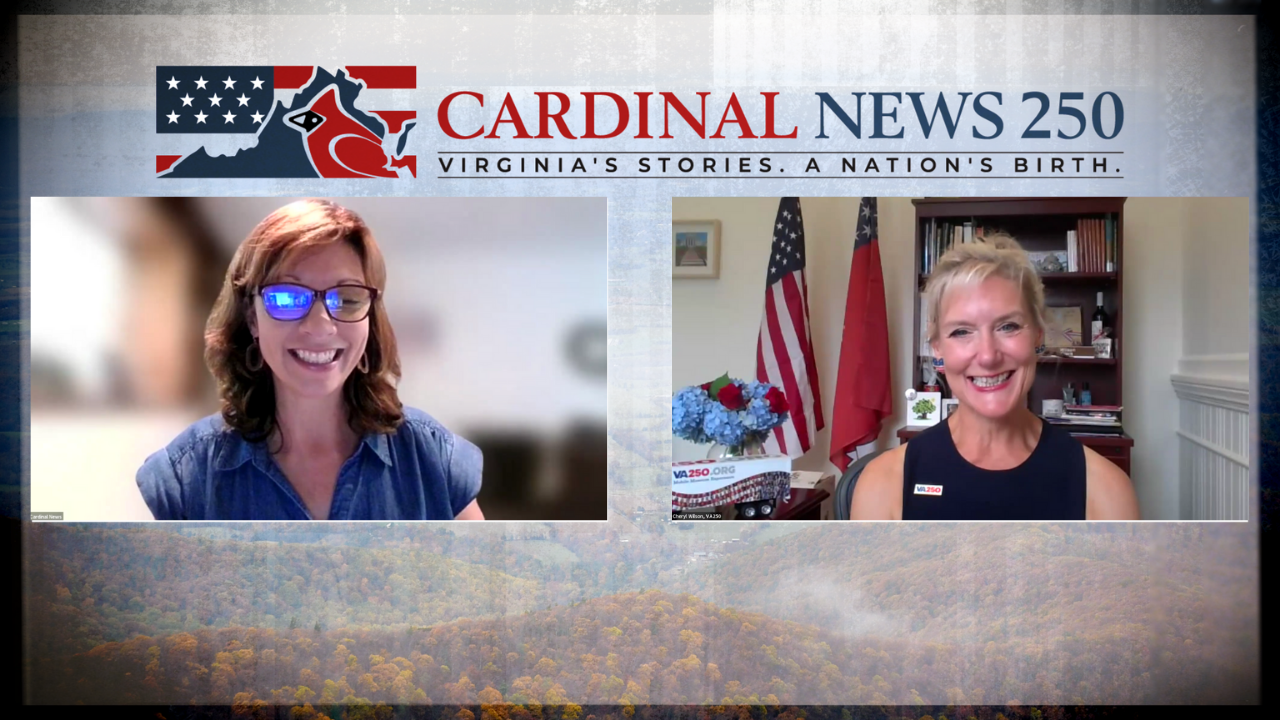 Cardinal podcast host Dutchie Jessee (left) talks with Cheryl Wilson, executive director of the Virginia American Revolution 250 Commission.