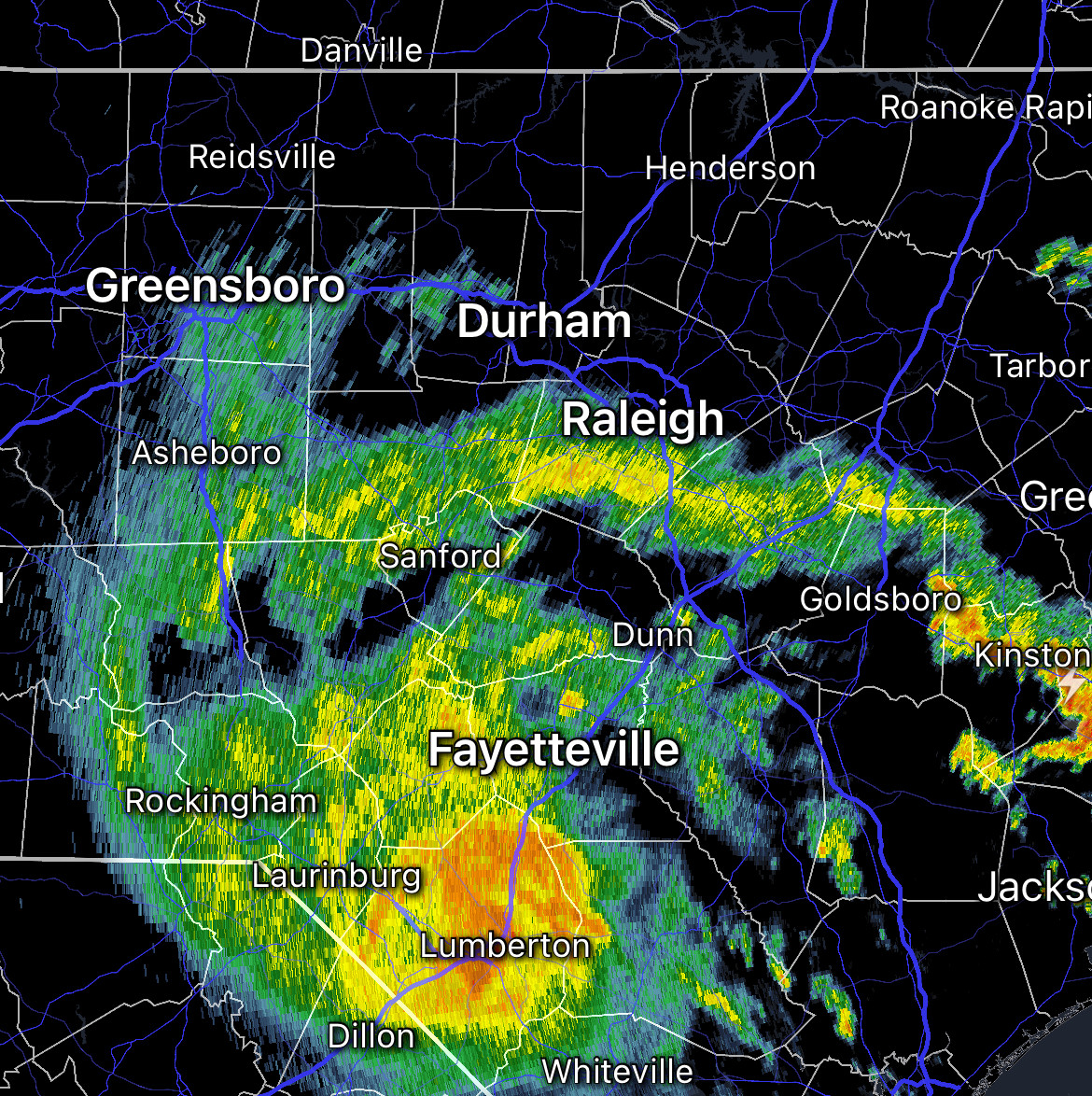 The counterclockwise swirl of Tropical Storm Chantal is clearly visible on radar early on Sunday over North Carolina. This system, while continuing to weaken and becoming slightly less organized, will spread bands of rain into parts of Southside and Central Virginia with scattered showers and thunderstorms farther west into Sunday evening. National Weather Service radar courtesy of RadarScope.