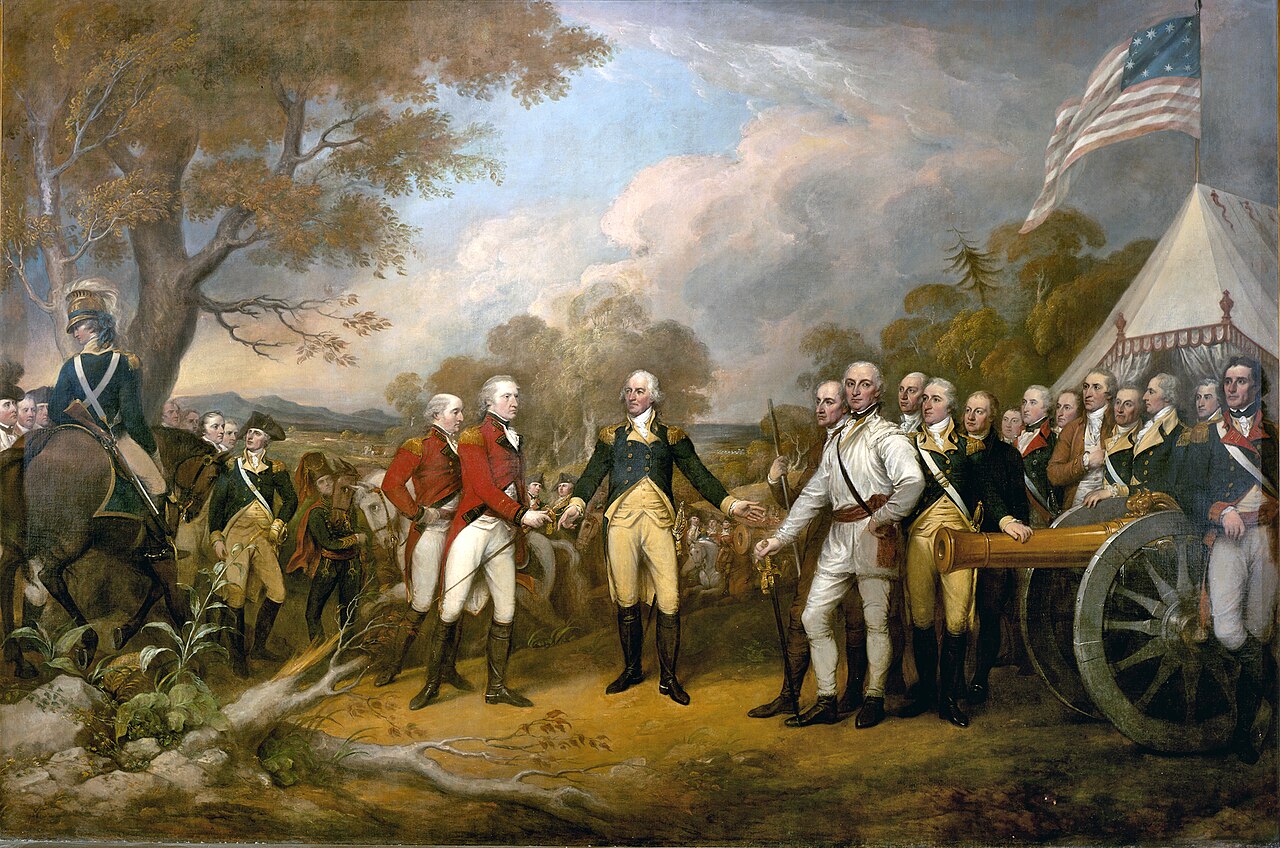 The Surrender of General Burgoyne (1822), painting by John Trumbull. Depicts the surrender of the British General John Burgoyne at Saratoga. The central figure is the American General Horatio Gates, who refused to take the sword offered by General Burgoyne, and, treating him as a gentleman, invites him into his tent. Courtesy of Architect of the Capitol.