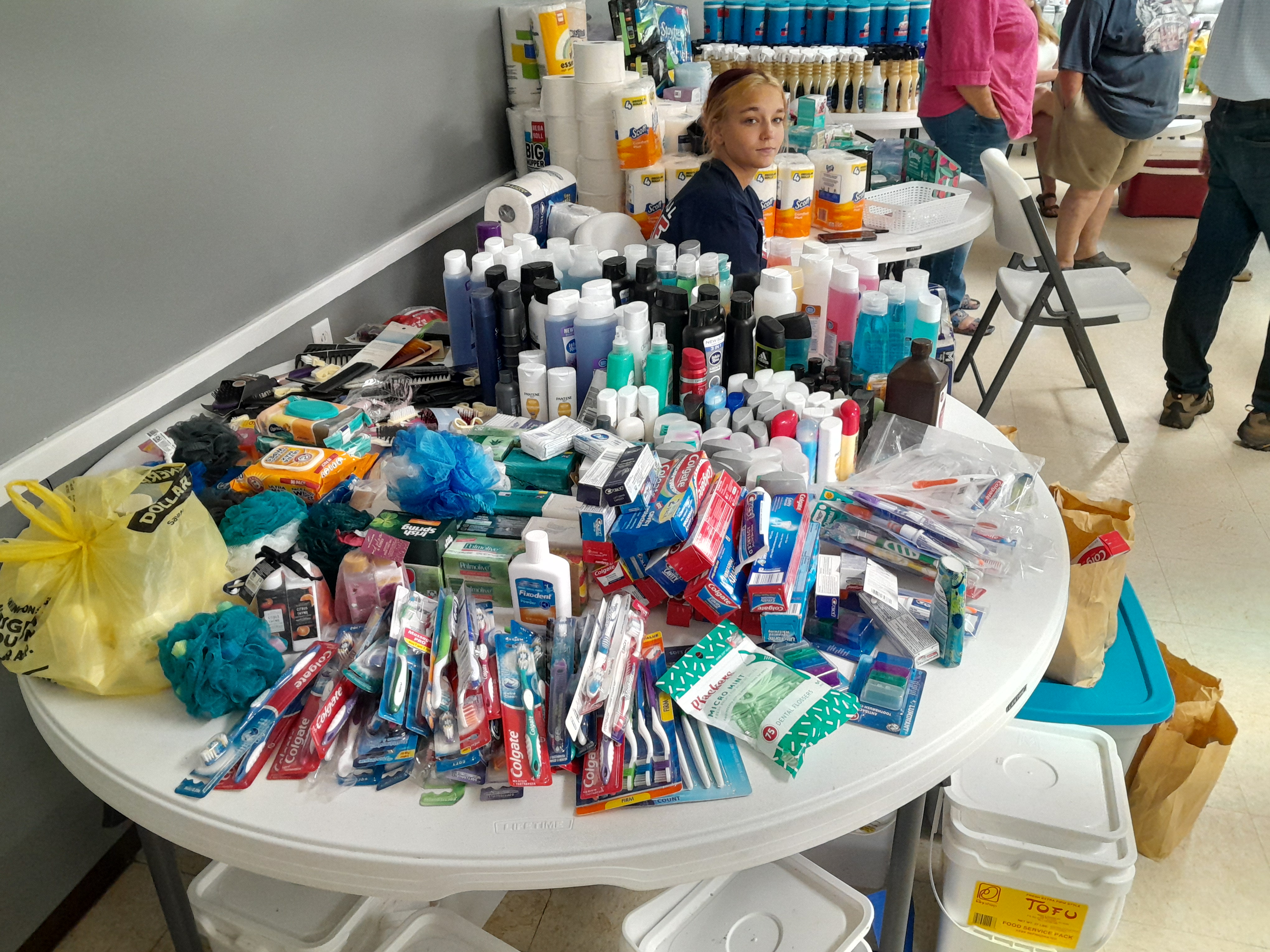 Toiletries are stacked up for distribution to flood victims. Photo by Jeff Lester.