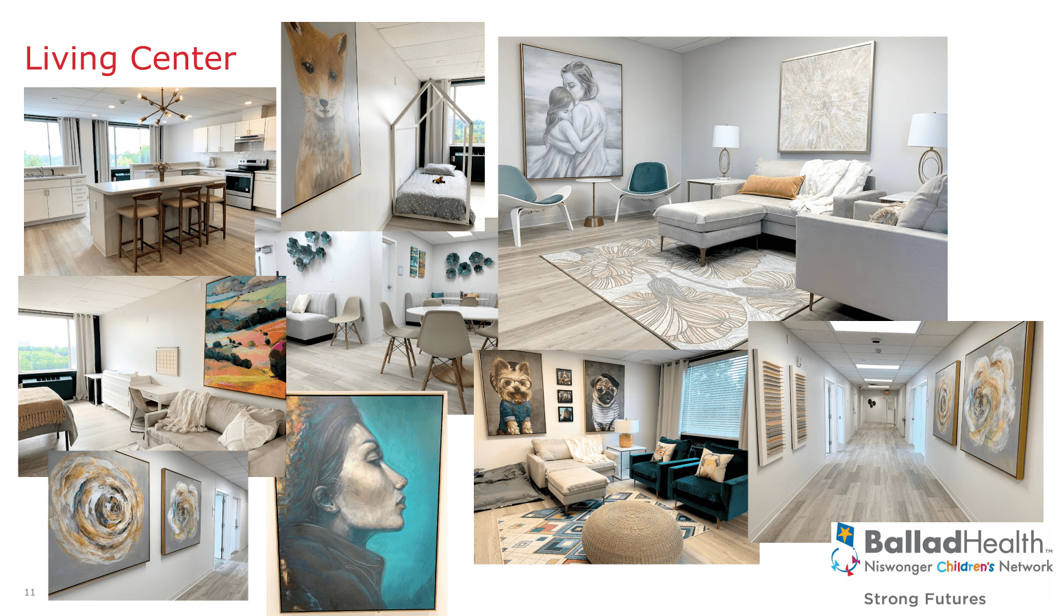 At Strong Futures in Tennessee, Ballad Health leaders transformed a former hospital space to resemble a welcoming living room, complete with paintings of animals and women to create a warm, home-like environment.