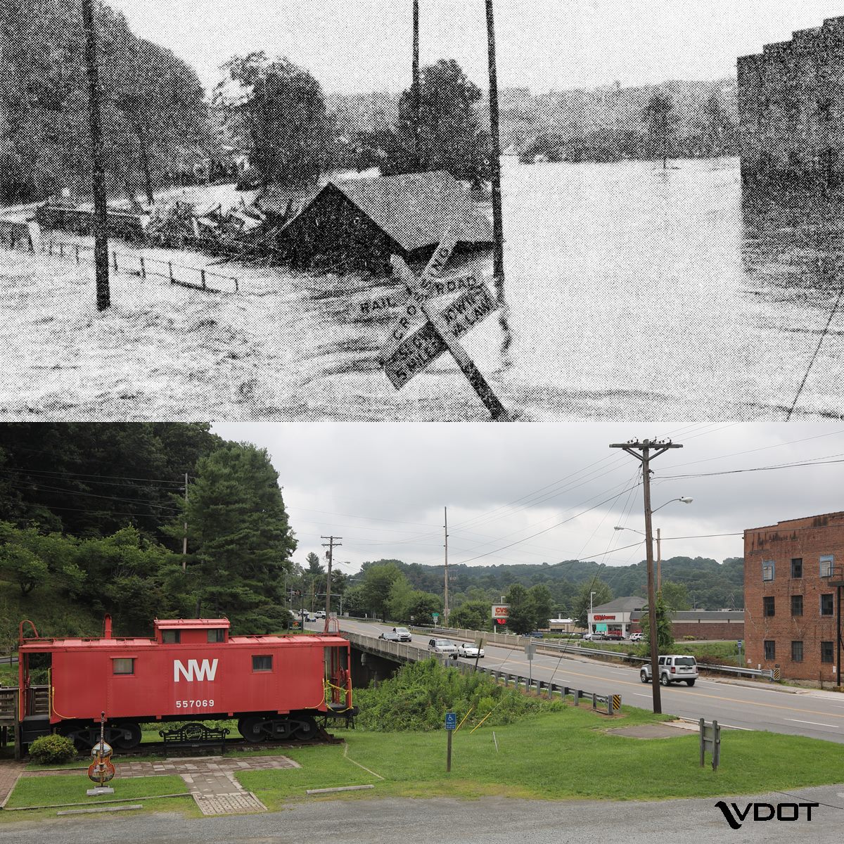 The flooding at Chestnut Creek in August 1940 is shown in the top photo, contrasted with a 2018 photo from the same section of U.S. 58 in Galax. Courtesy of Virginia Department of Transportation.