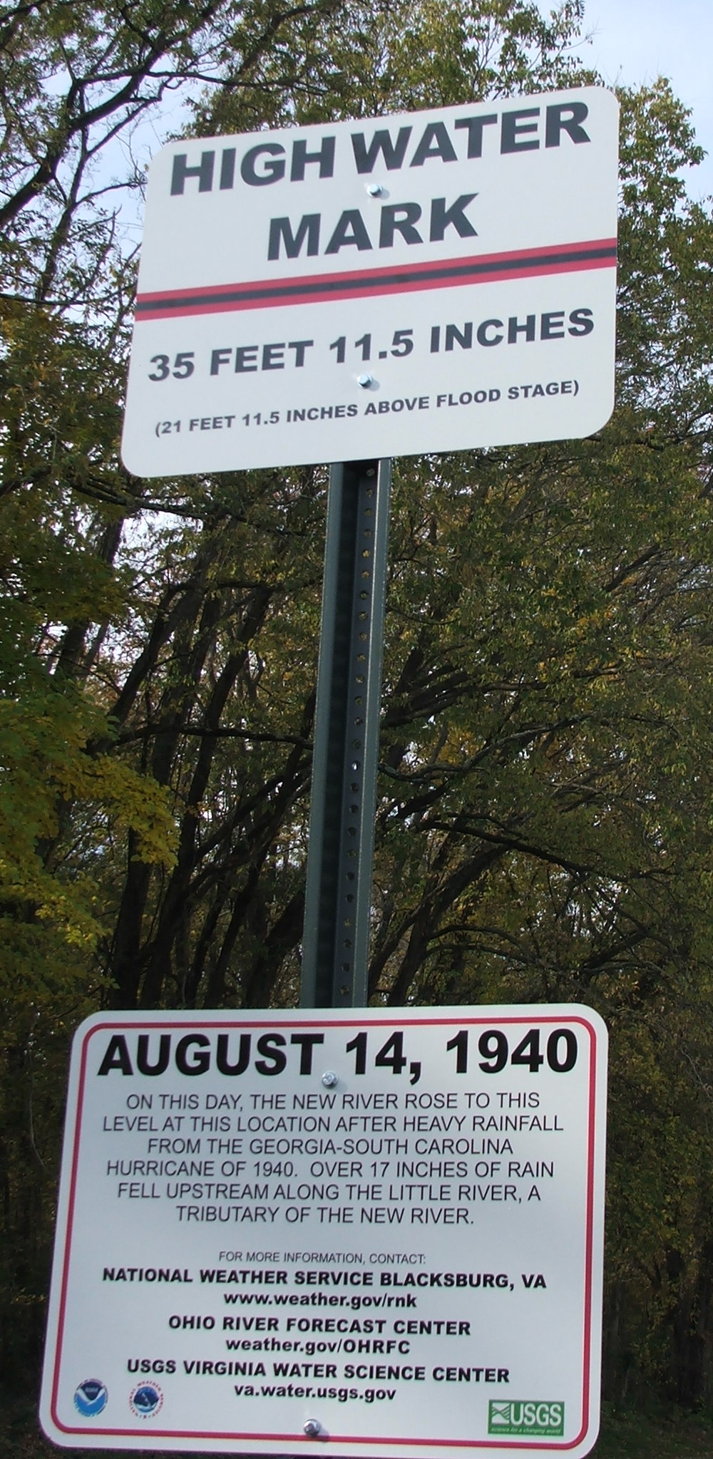 A historic marker in Bisset Park shows the height that water reached in the August 1940 flood, the reigning record holder on the New River at Radford. Courtesy of Virginia Water Resources Research Center.