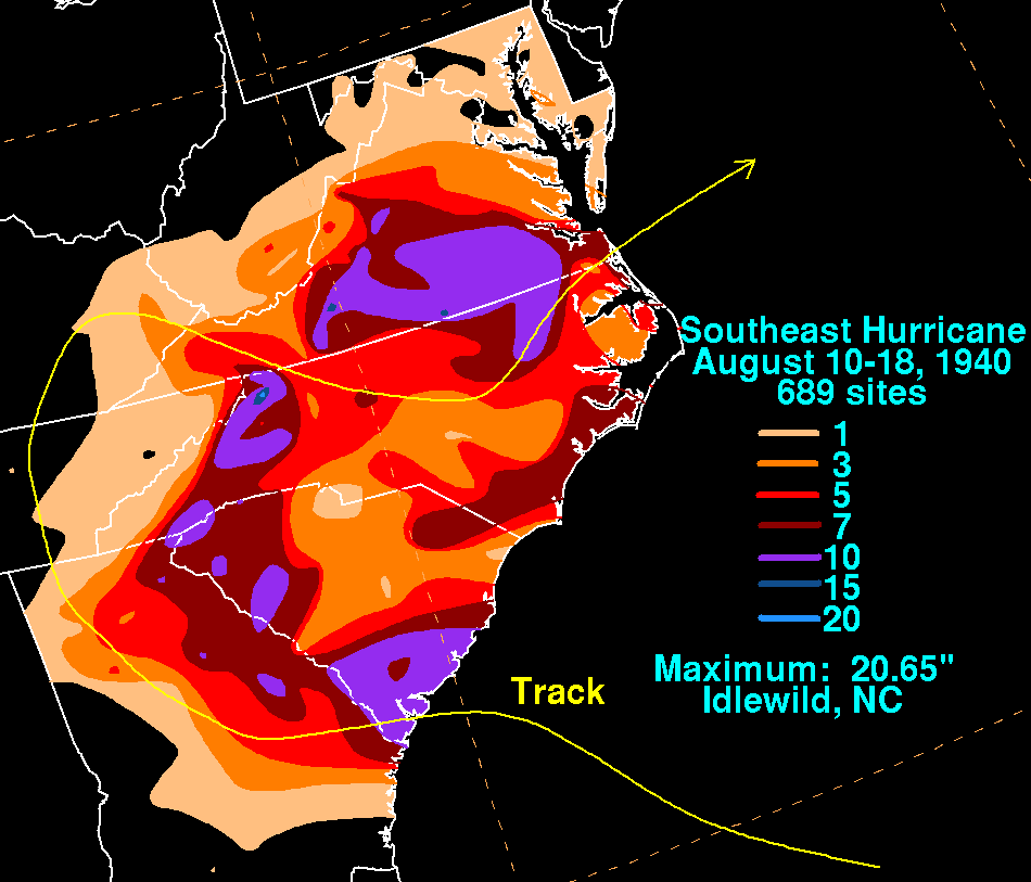 Map depicts rainfall amounts with inland track of 1940 hurricane. Courtesy of National Weather Service.