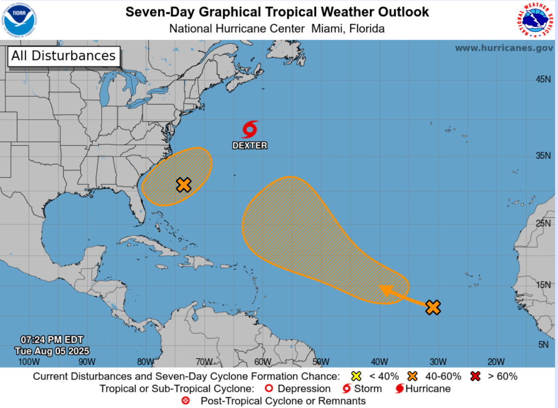 Three areas of interest for tropical development in the Atlantic basin include Tropical Storm Dexter, moving east-northeast away from the United States, a trough of low pressure just east of the Carolinas that may slowly develop into a tropical depression this week, and an area of disturbed weather crossing the open Atlantic west of Africa that may develop into a tropical cyclone over the next several days. Courtesy of National Hurricane Center