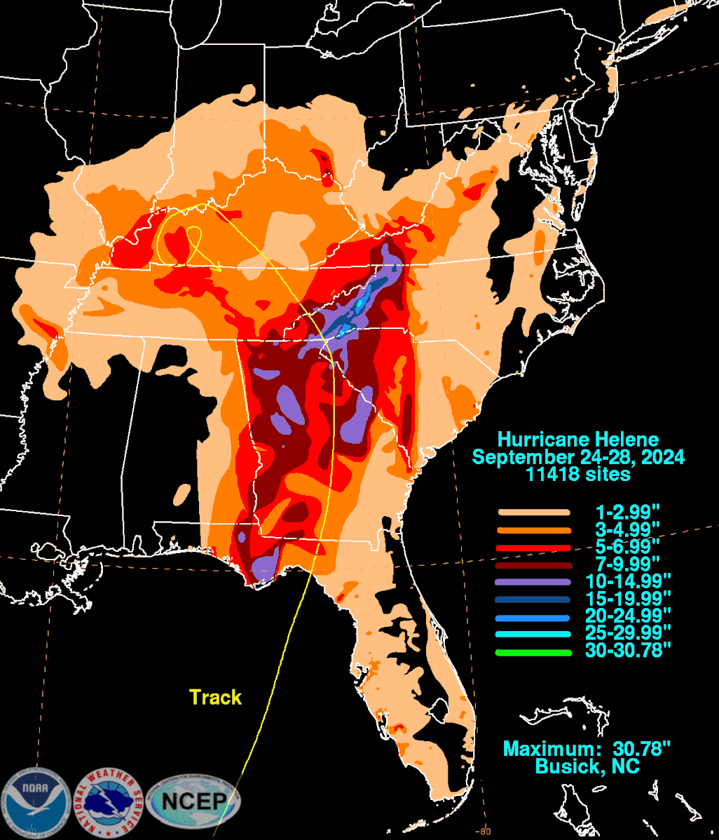 Map depicts rainfall amounts with inland track of Hurricane Helene last fall. Courtesy of National Weather Service.