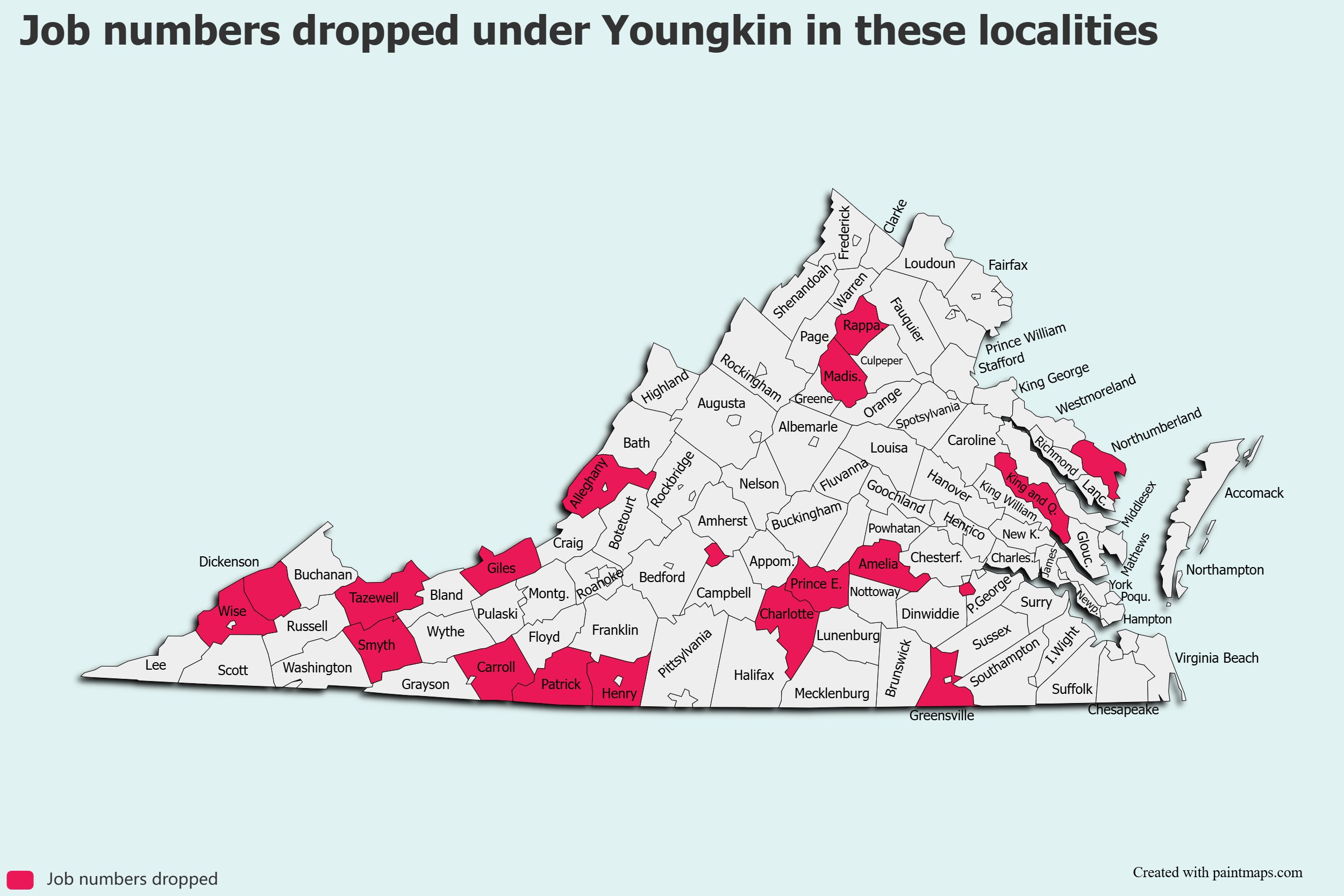 Job counts grew in every city and county in Virginia under Gov. Glenn Youngkin except for the ones in red. Source: Bureau of Labor Statistics.