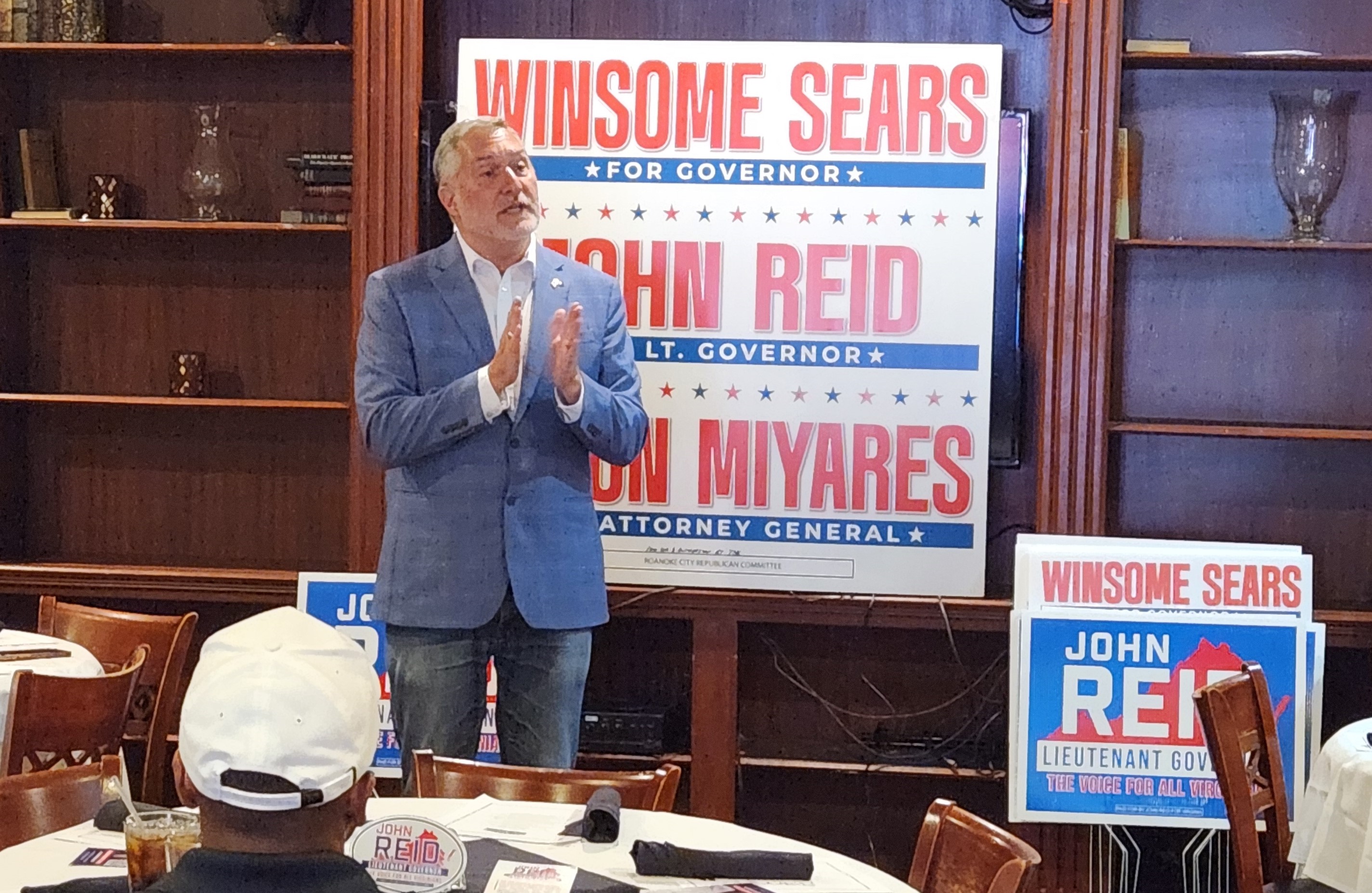 John Reid talks to a room of Republican supporter in Roanoke County. Photo by Dwayne Yancey