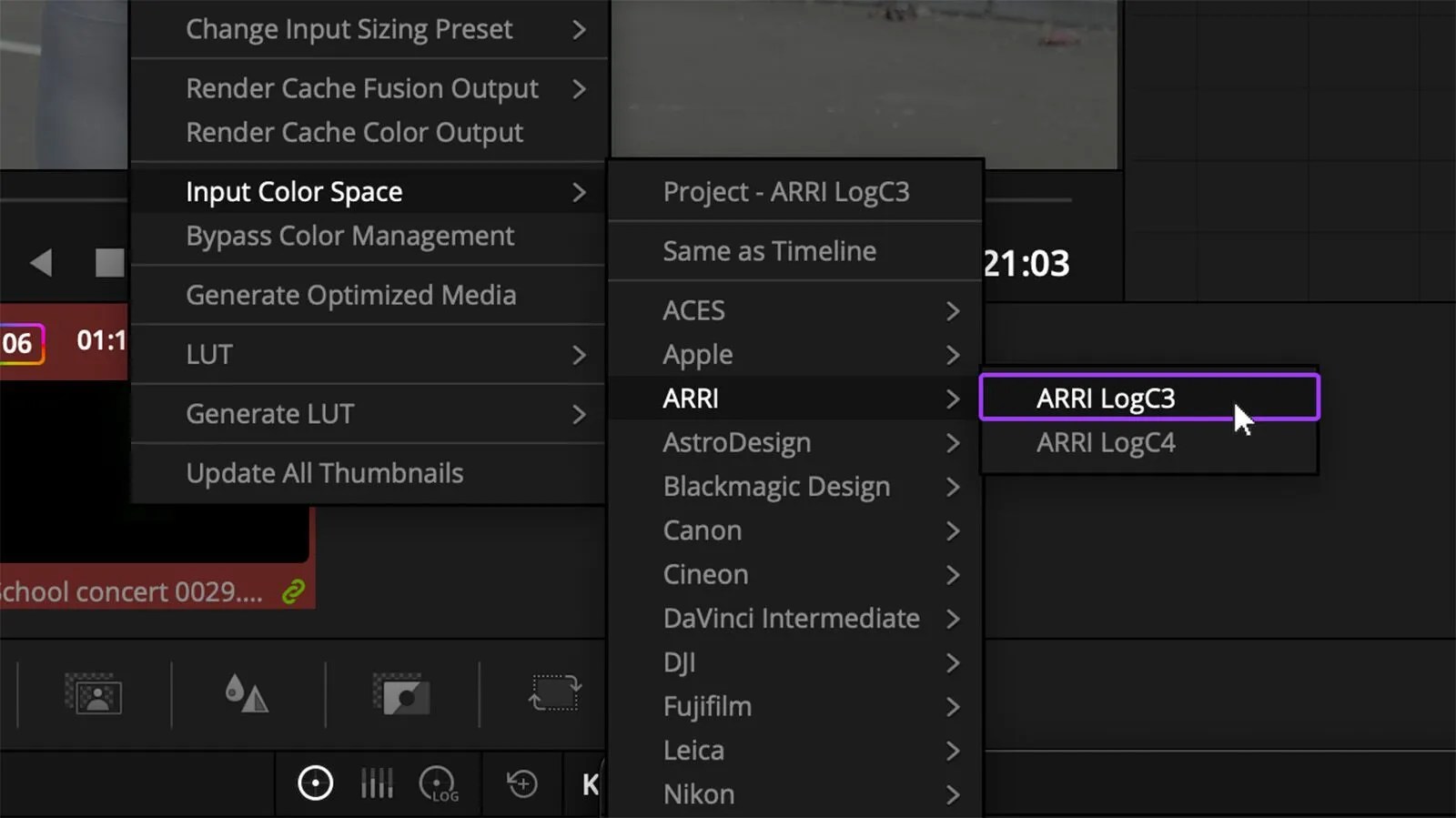 To manually tag clips, select the group of clips, then choose the Input Color Space that matches the material.