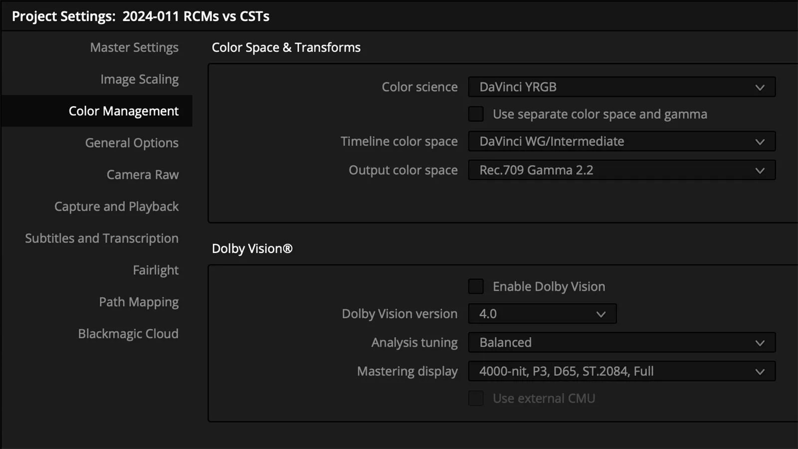 Here are the Project Settings I’m using for color managing with CSTs.