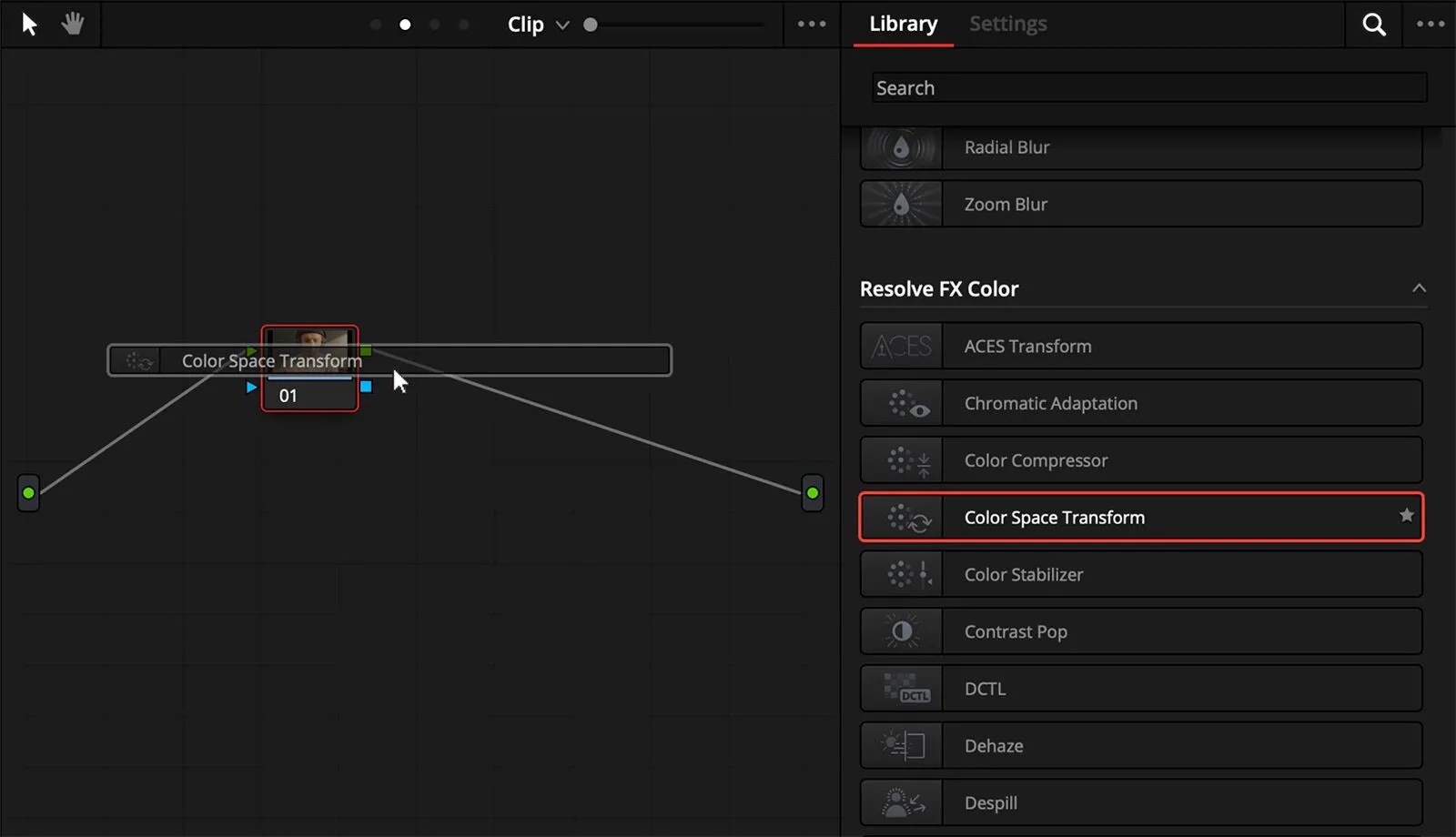 On the Clip level, create a serial node and drag a Color Space Transform onto it.
