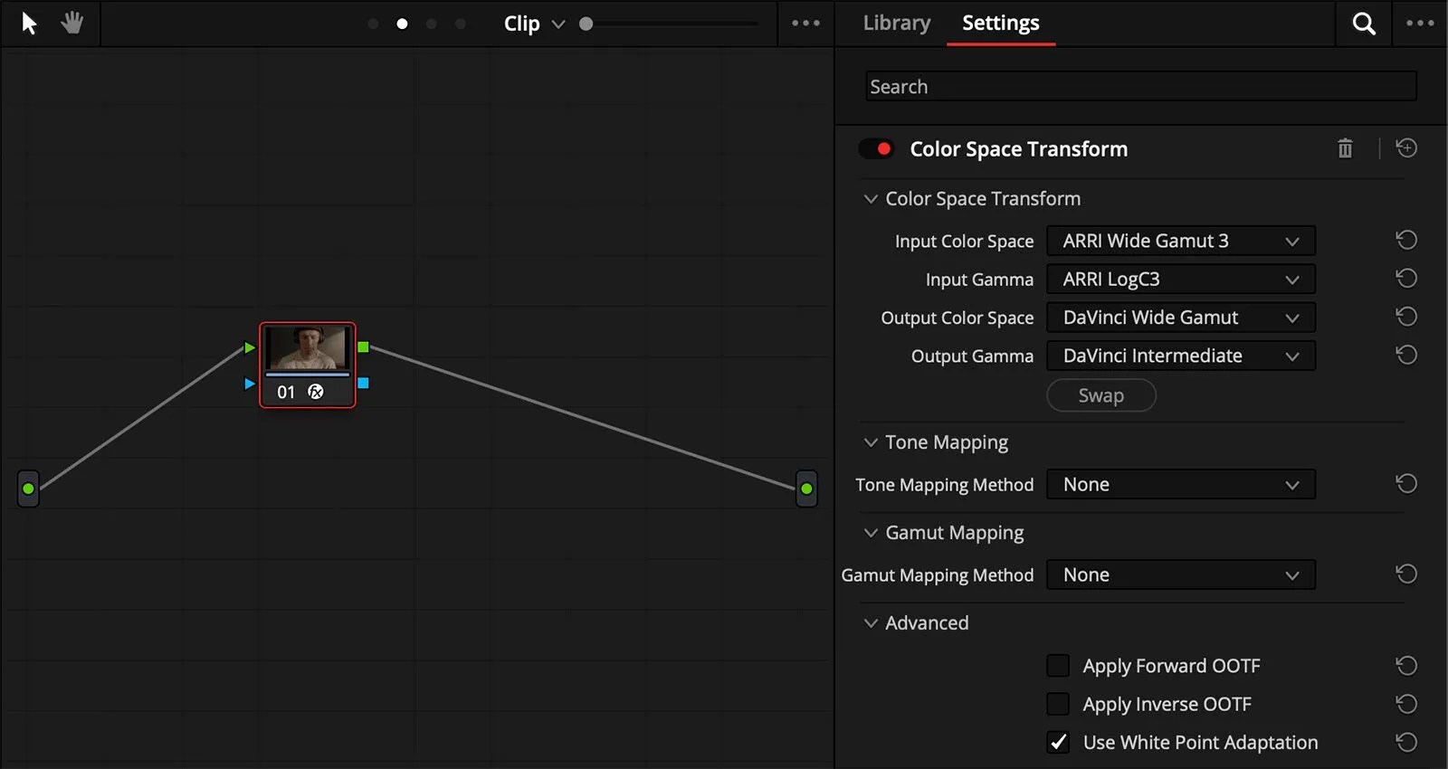 These are our settings for our first Color Space Transform, which takes us from our camera color space into our working color space.
