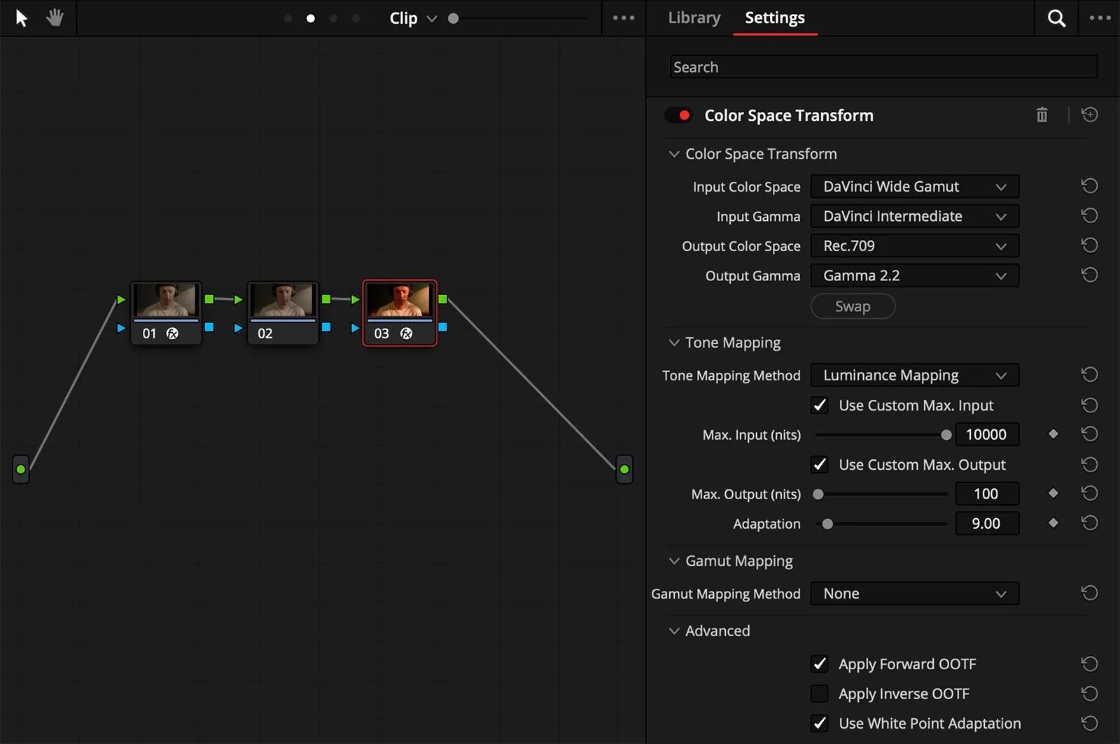 Our third node takes us out to our display color space.