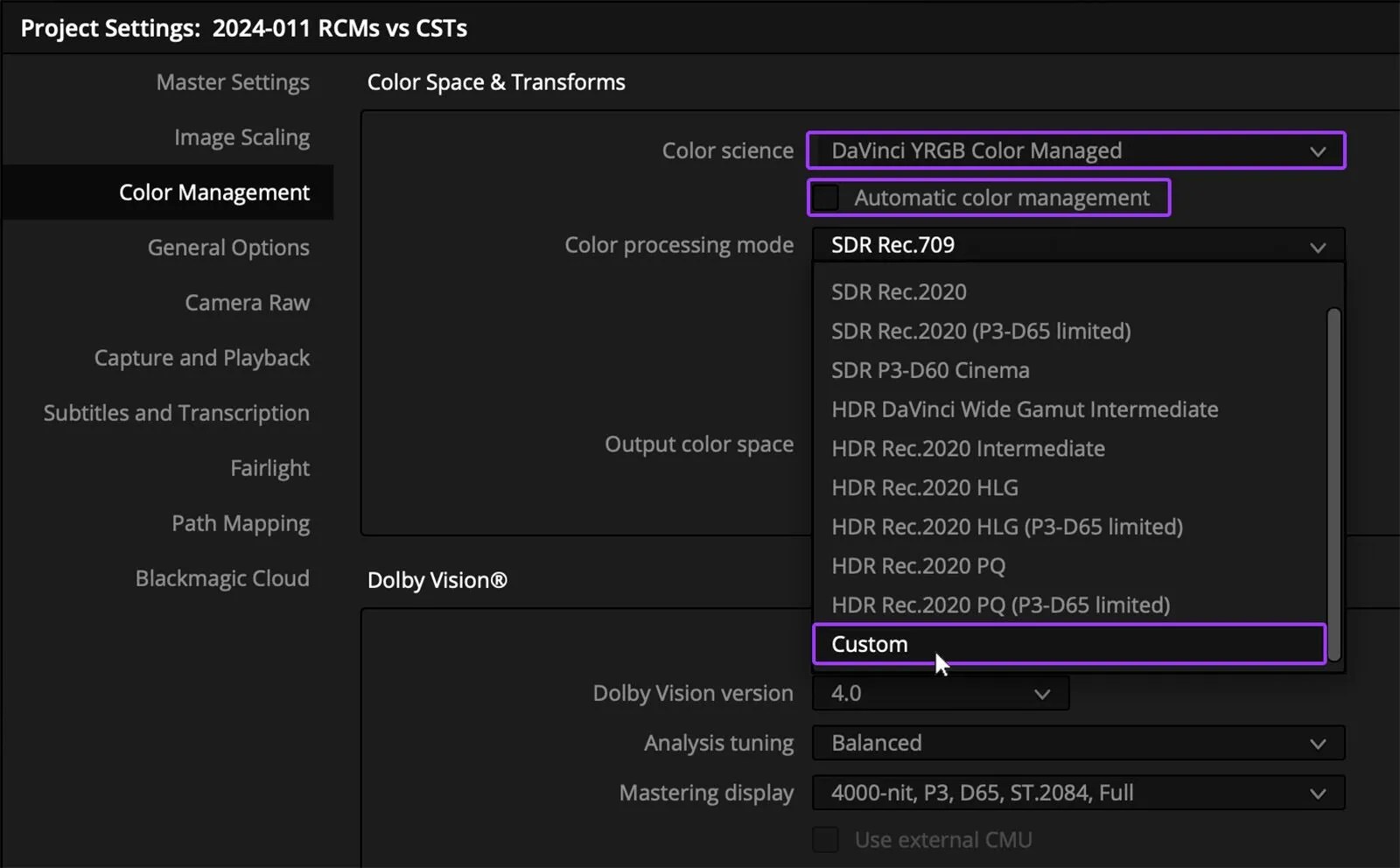 Set the Color science to YRGB Color Managed, turn off Automatic color management, and select Custom for Color processing mode.