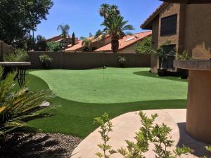 private backyard landscaped with artificial grass putting green