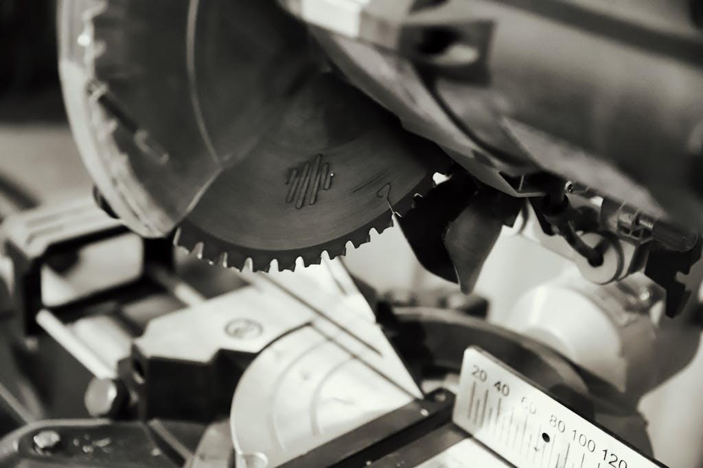 Detailed shot of a circular saw in a workshop setting, ideal for DIY and industrial themes.