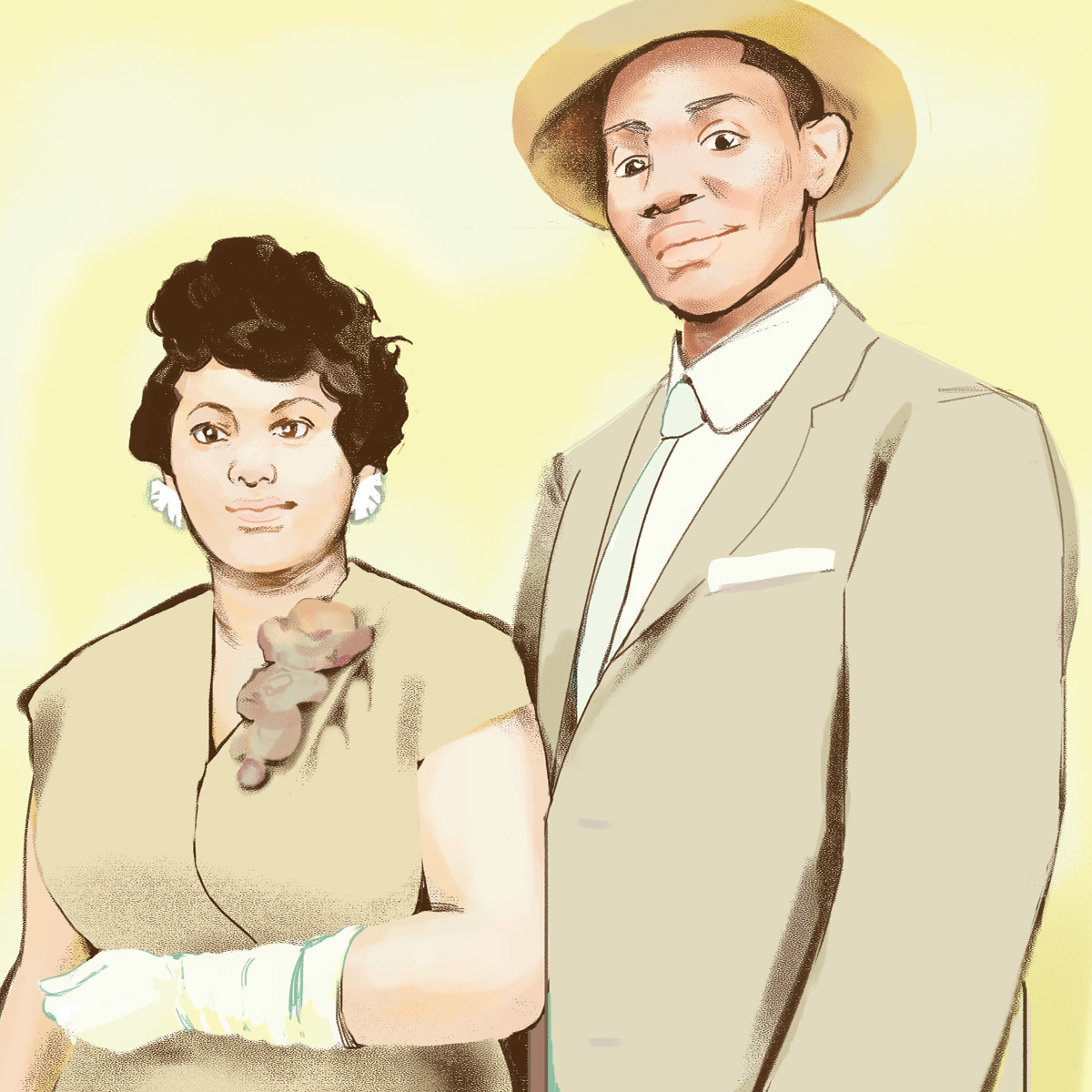 an illustration of a 1940s Black couple posing against a yellow background