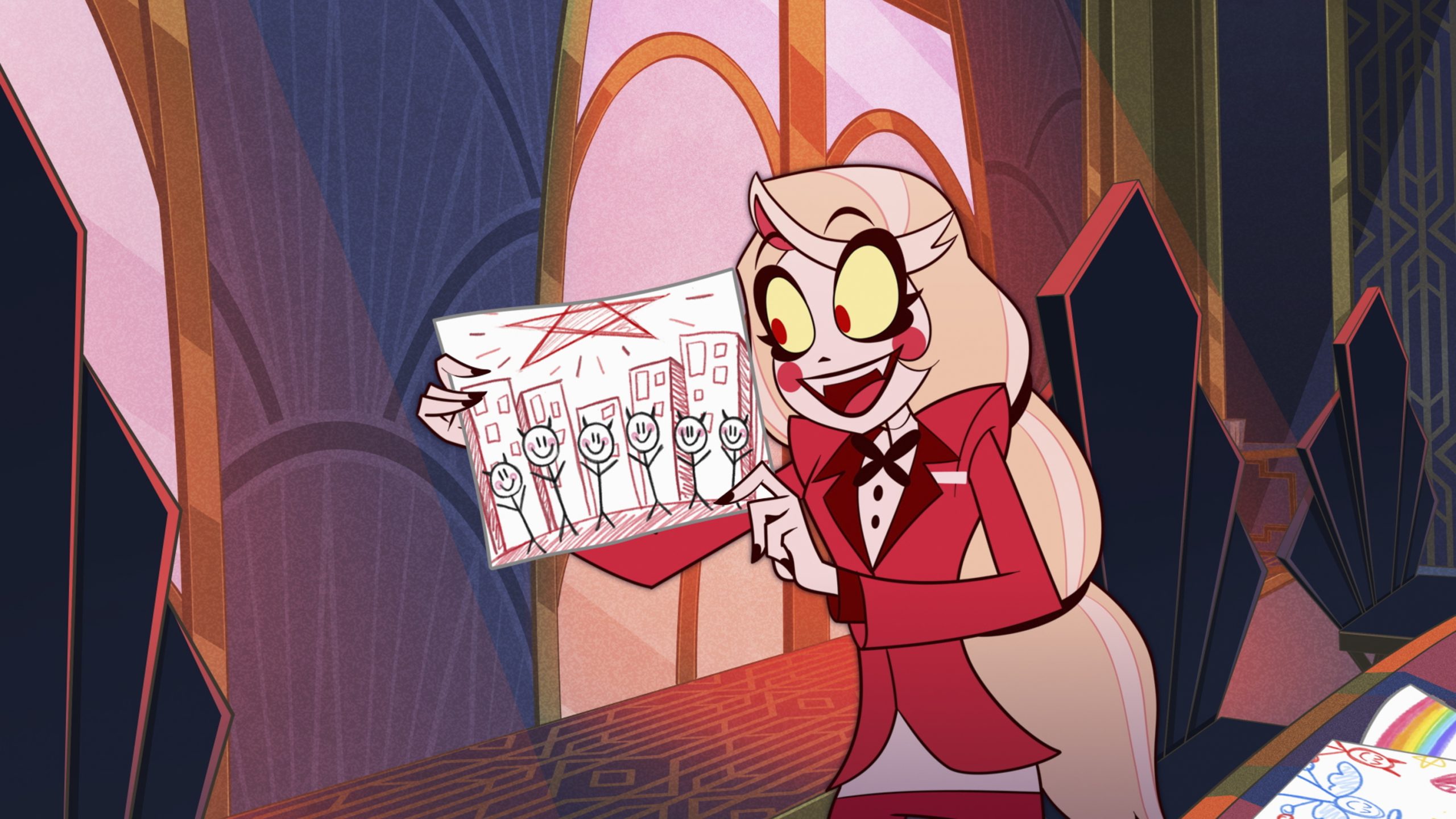 an animated cartoony pink and red woman holds up a crude drawing of people and buildings