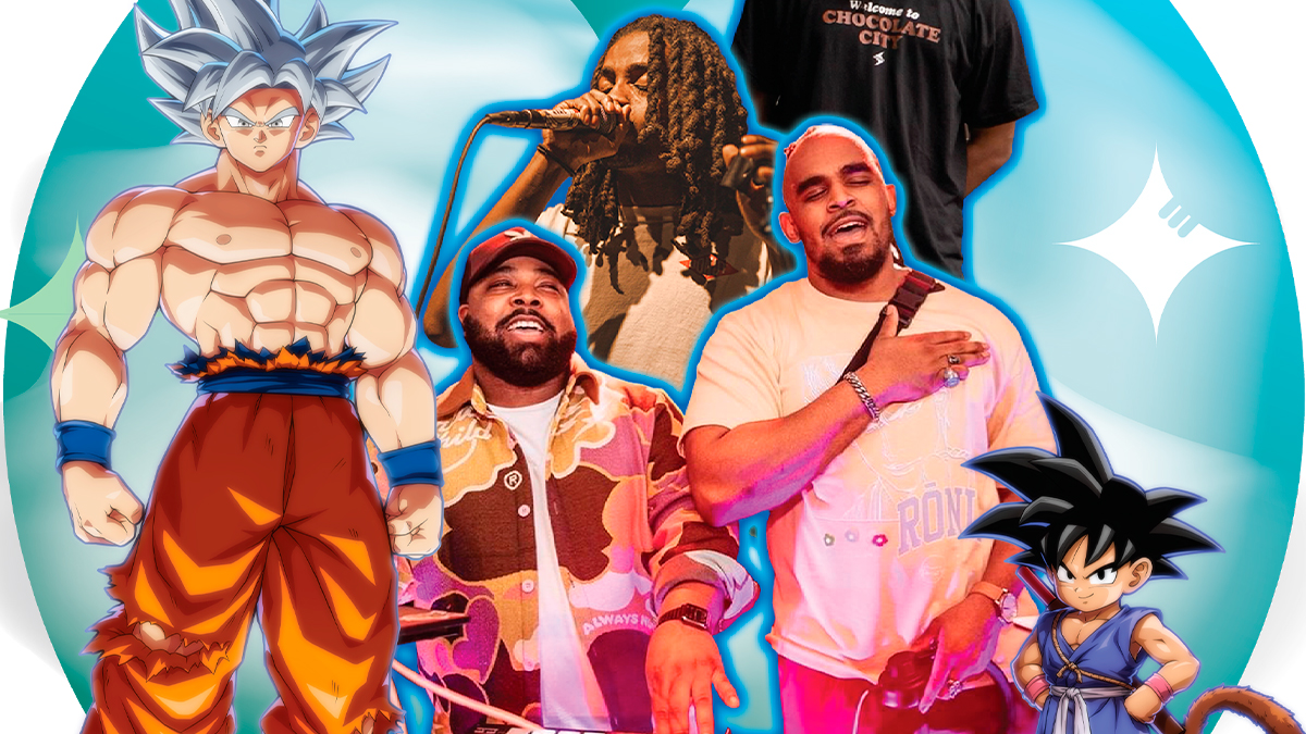 a collage of human rappers and DJs with Dragon Ball characters, all of them arranged against the backdrop of a large blue and green Dragon Ball