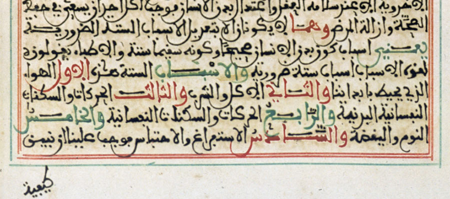 Detail of a page of handwritten Arabic in three colors.