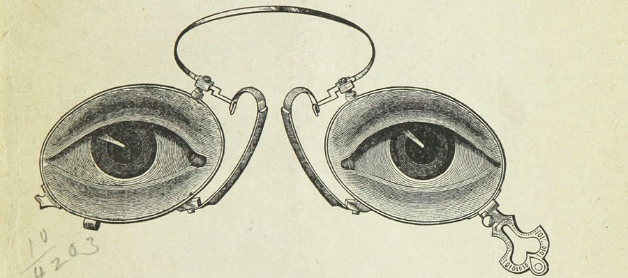 An illustrated pair of spectacled eyes.