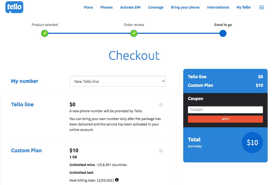 Screenshot of Tello’s checkout process