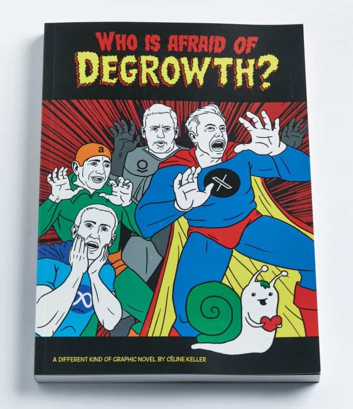 Cover of graphic novel. Title reads 'Who is afraid of degrowth?'. Comic illustration of a group of people looking terrified and scared. There is a snail across the front of the cover.