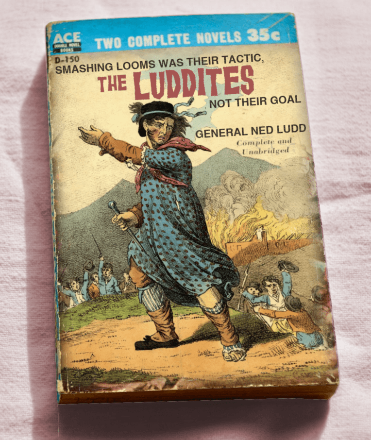 An old Ace Double paperback whose cover has been altered; it now has a fragment of an antique woodcut of Ned Ludd leading workers to battle, and has been retitled 'The Luddites' with the slug 'Smashing looms was their tactic, not their goal.'