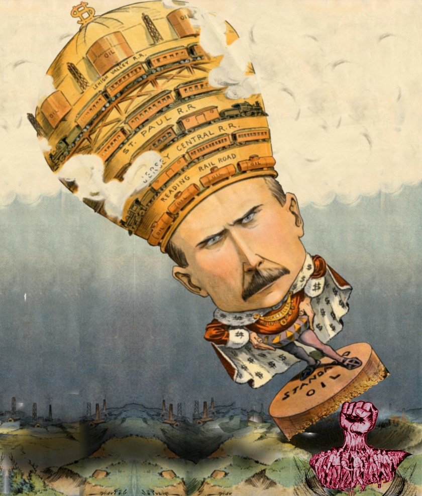 An old caricature of John D Rockefeller, depicted as a tyrant with a huge crown decorated with the icons of the industries he controls, standing atop a gilded podium. The image has been altered so that Rockefeller is toppling, pushed from below by a group of workers whose upraised fists have combined to make a single large fist.