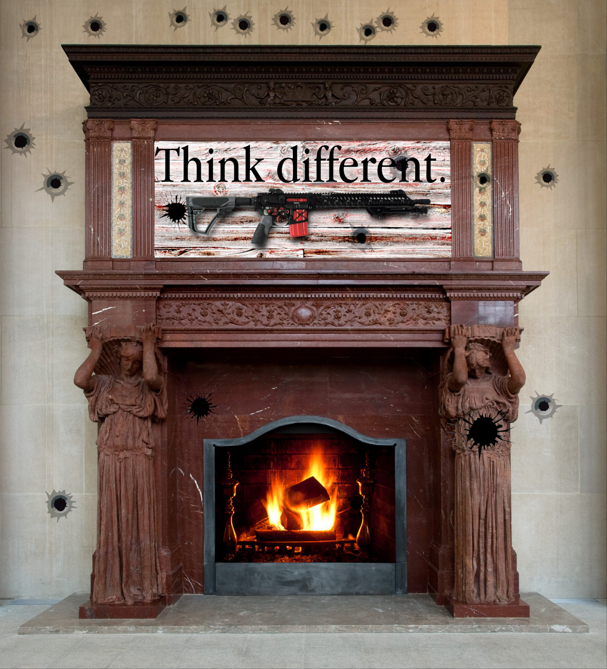 An ornate fireplace and mantlepiece. There is a roaring fire in the grate. Over the mantlepiece is an AR-15 assault rifle, surmounted by Apple's 'Think Different' wordmark. The scene is pockmarked with bullet-holes.