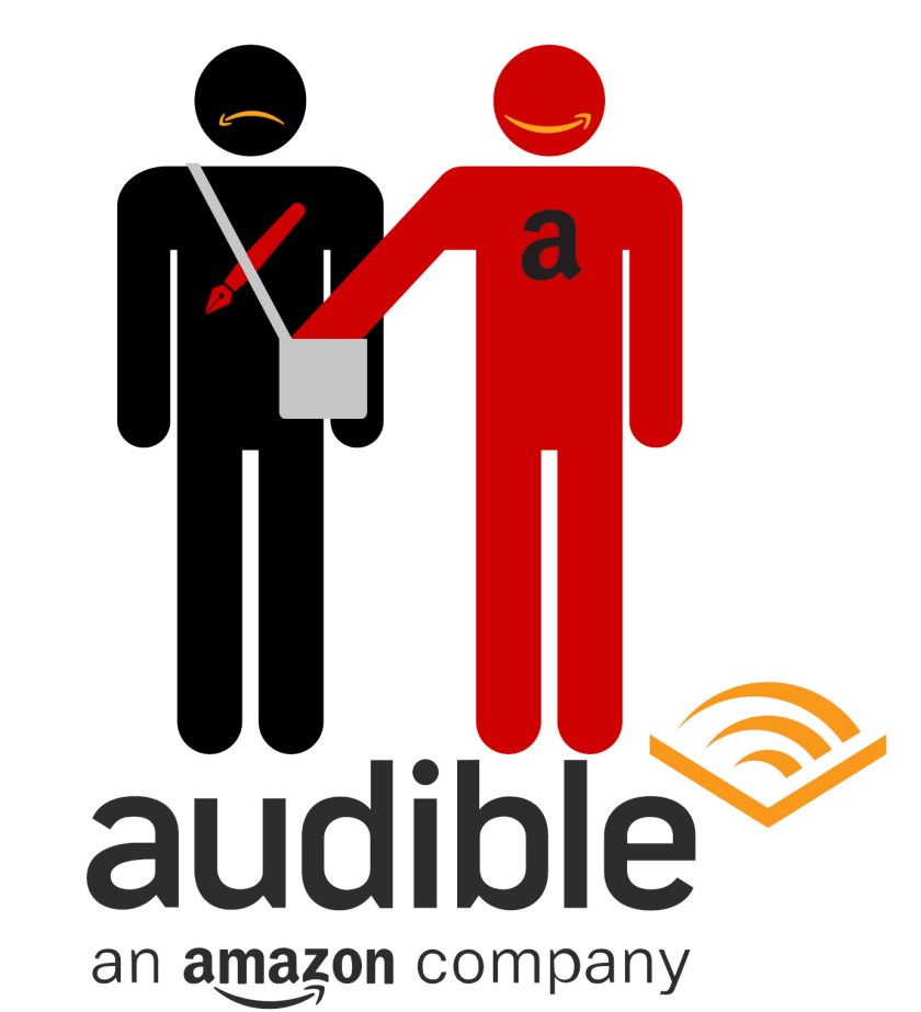 An anti-pickpocketing graphic featuring a stick figure reaching into an adjacent stick-figure's shoulder-bag. The robber's chest is emblazoned with an Amazon 'a' logo. The victim's chest is emblazoned with an icon of a fountain-pen. The robber's face has an Amazon 'smile' logo. The victim's face has an inverted Amazon 'smile' logo (and is thus frowning). Beneath these two figures is a wordmark reading 'Audible: Am Amazon Company.'