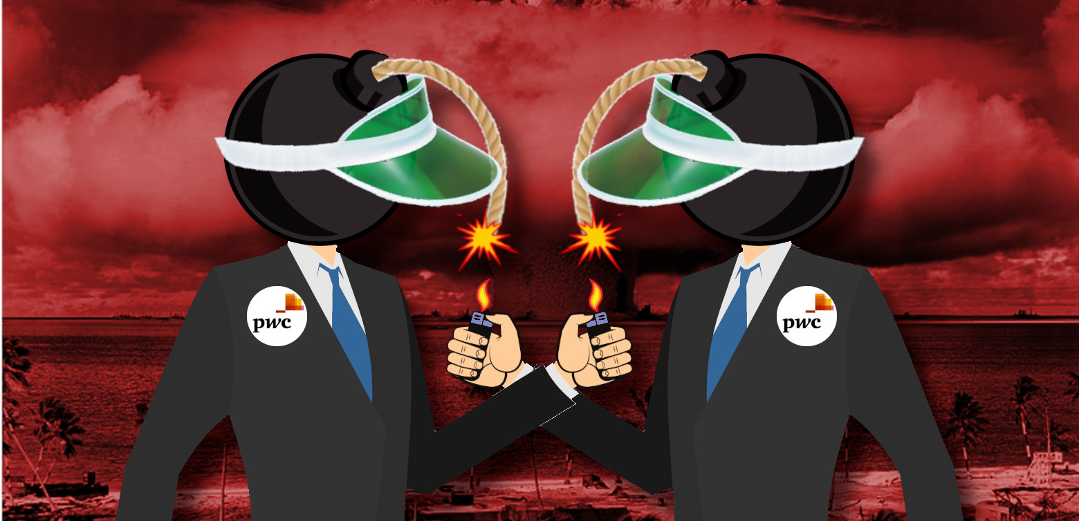 Two business-suited male figures seen side on; each has a bomb for a head, and each is holding a lit lighter that has ignited the other's fuse. Each bomb is wearing a green accountant's eyeshade. In the background is a fiery mushroom cloud.