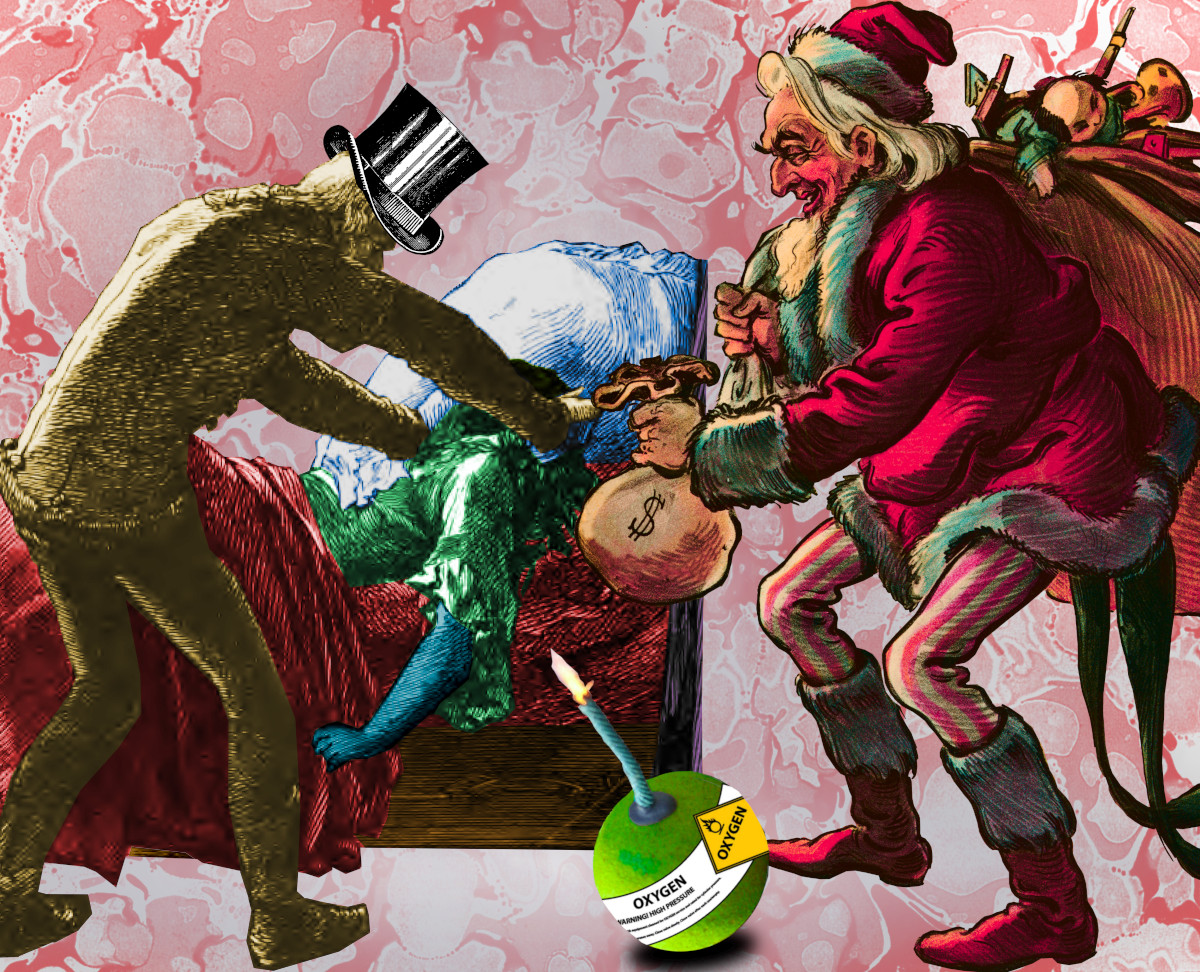 A man in a top hat smothering a girl in a bed with a pillow. The girl's protruding arm is blue. He is being handed a sack of money by Uncle Sam in a Santa suit. At their feet is a fizzing bomb with an oxygen tank label.