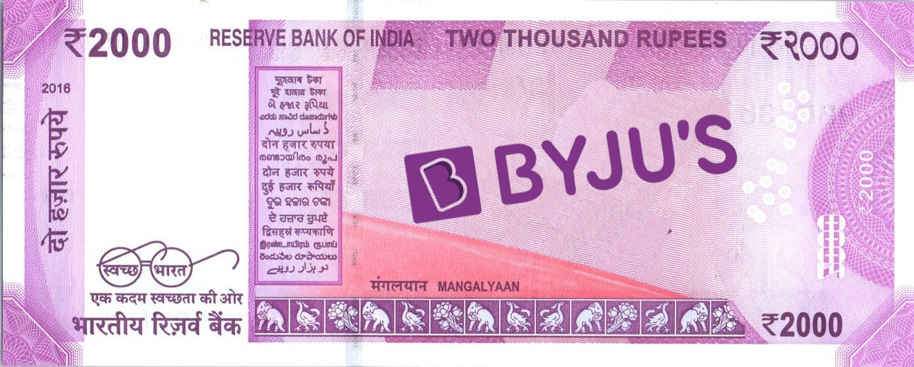 The obverse of the Indian 2000 rupee note, with the Mangalyaan orbiter replaced by the Byju's logo.