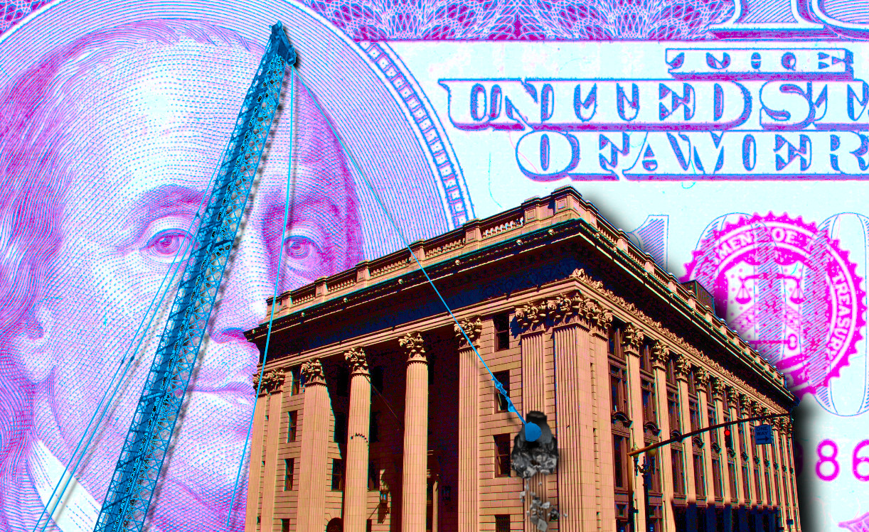 A large, columnated Federal-style bank building. An electric blue wrecking ball has knocked some of its facade off. The background is a zoomed-in image of an old US$100 bill, its color-gamut shifted to a pop-art mauve.